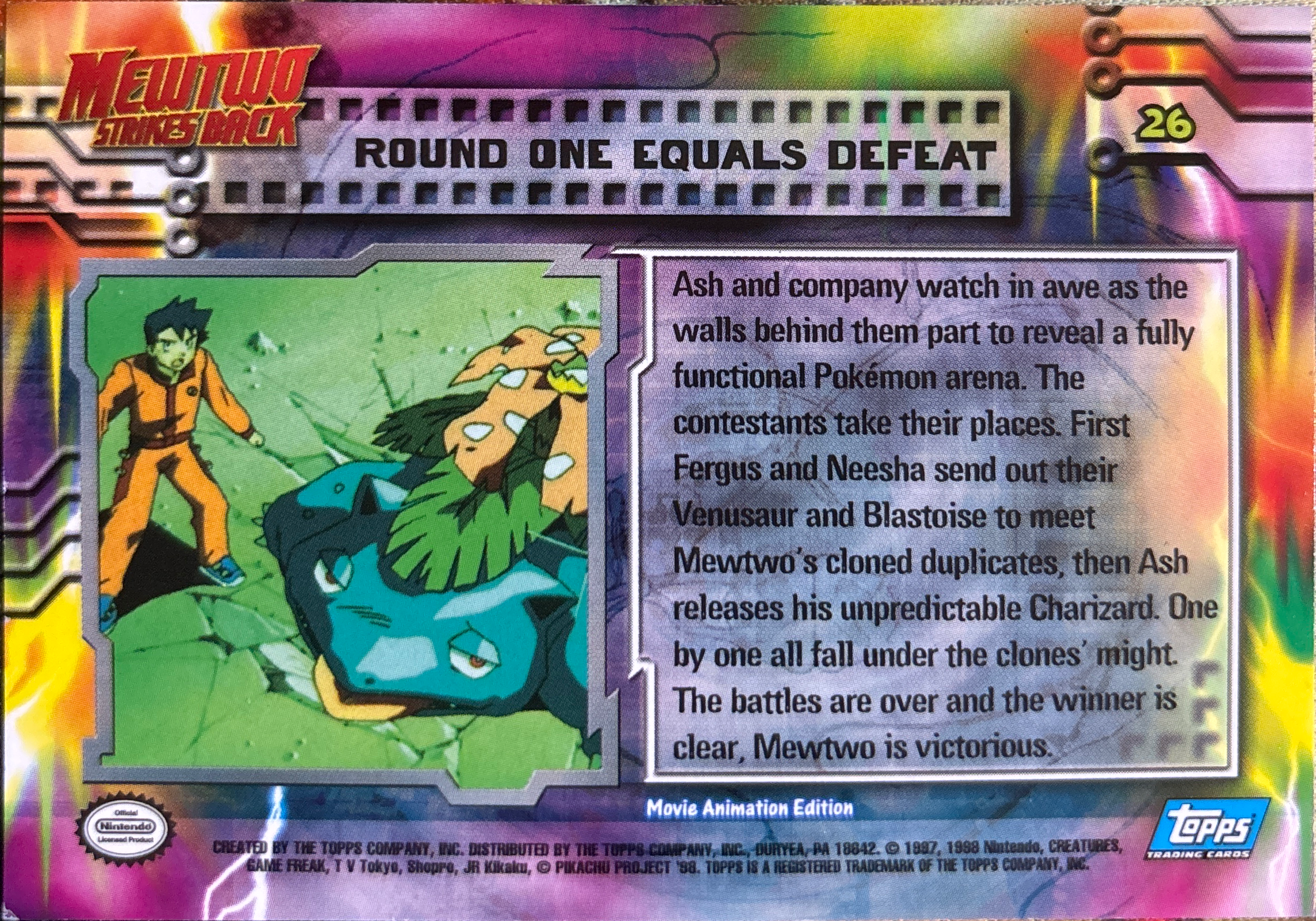 Round One Equals Defeat card #26, Pokemon Topps First Movie Trading Cards (1999), back