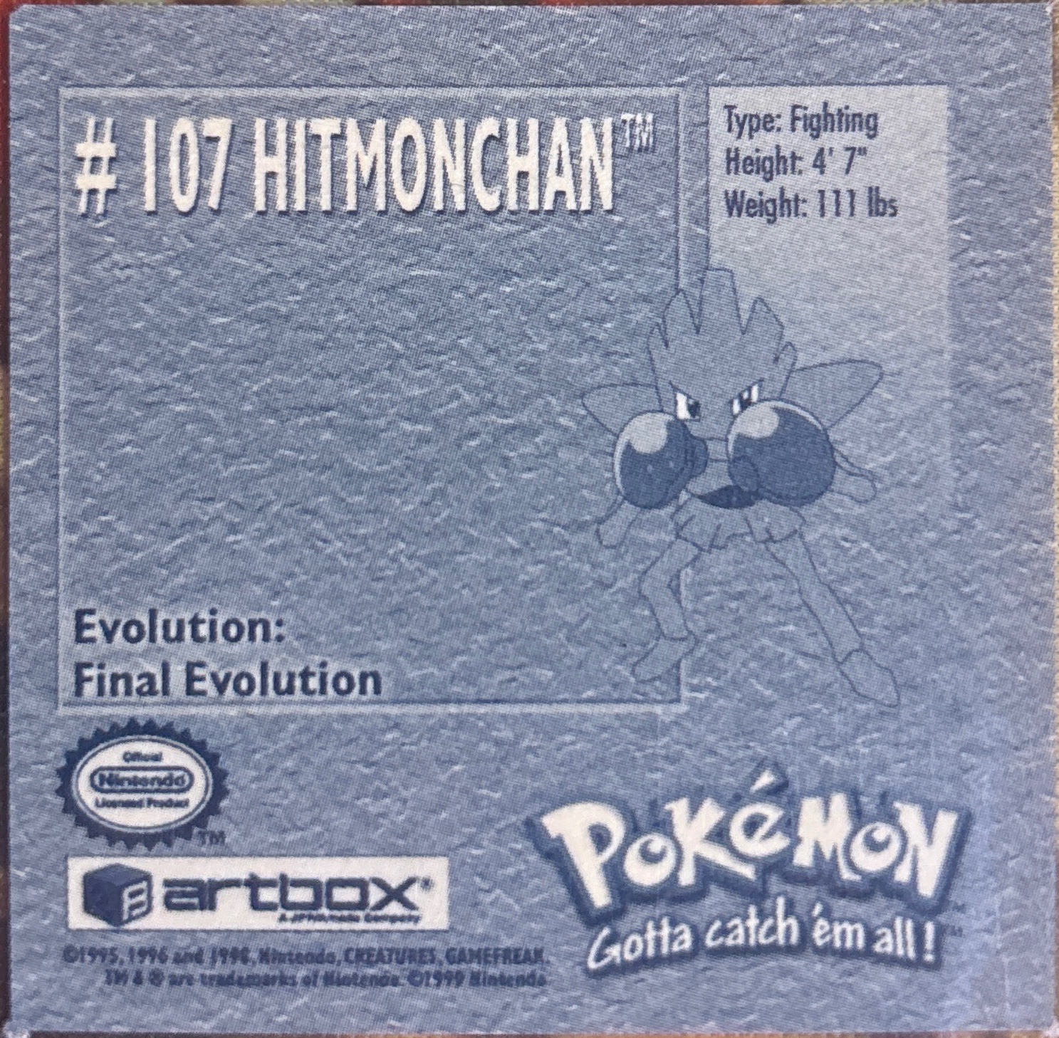 Hitmonchan sticker #107, Artbox (USA) Pokémon Artbox Stickers (1999), back