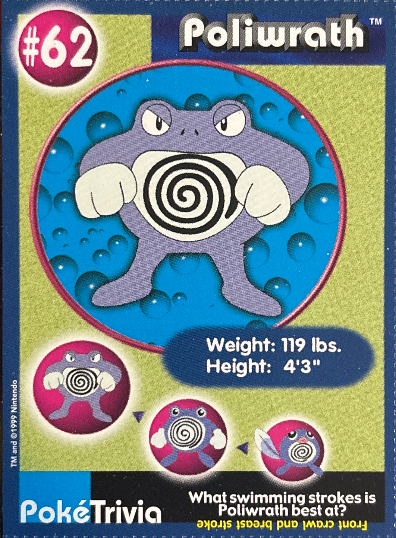 Poliwrath card #62, Pokémon Burger King PokéTrivia Cards (1999) Checklist, front