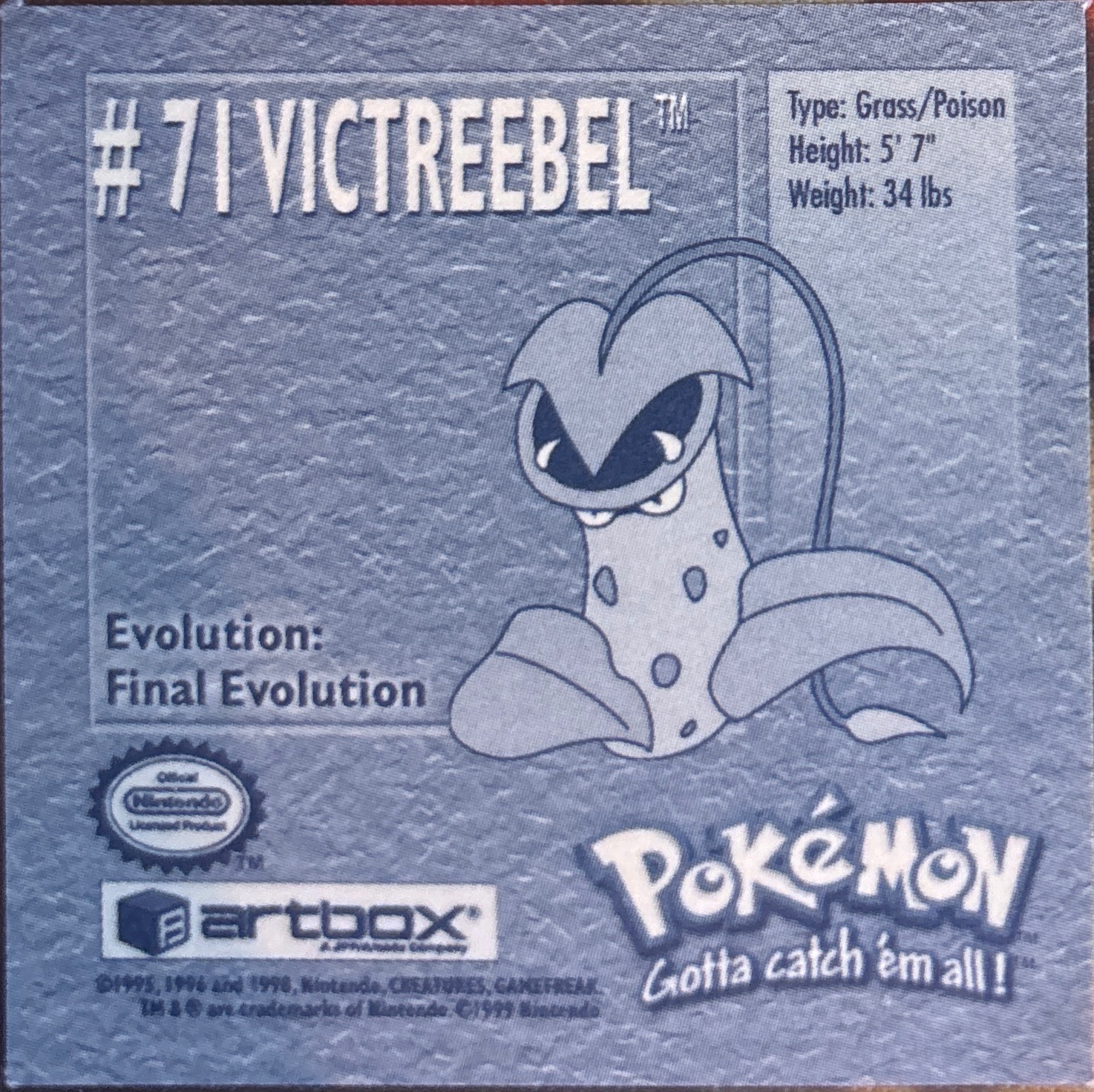 Victreebel sticker #71, Artbox (USA) Pokémon Artbox Stickers (1999), back