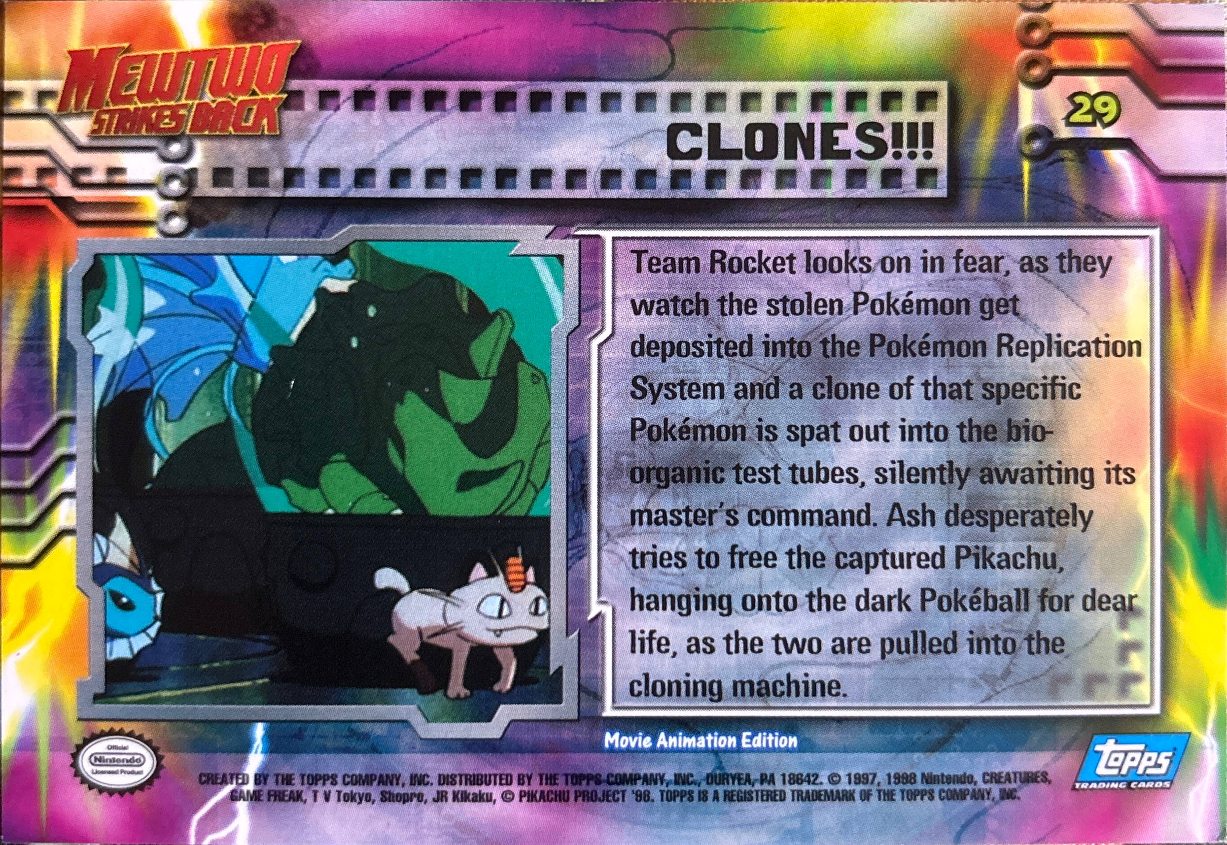 Clones!!! card #29, Pokemon Topps First Movie Trading Cards (1999), back