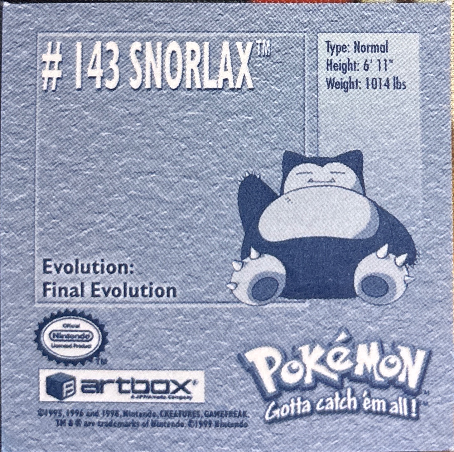 Snorlax sticker #143, Artbox (USA) Pokémon Artbox Stickers (1999), back