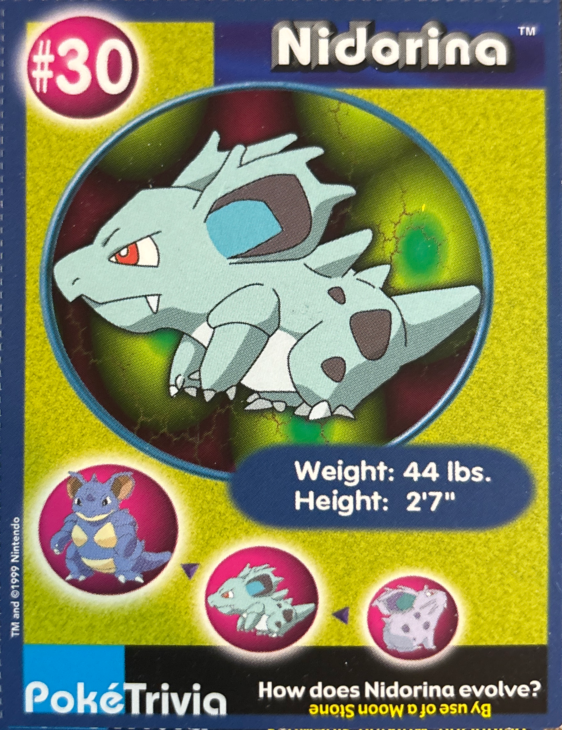 Nidorina card #30, Pokémon Burger King PokéTrivia Cards (1999) Checklist, front