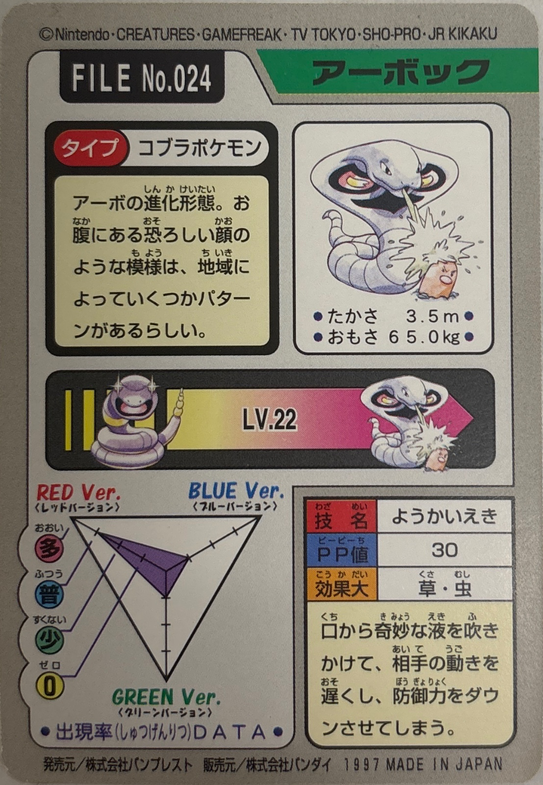 Arbok card, Bandai Pokémon Carddass Part 3 & 4 (1997), back