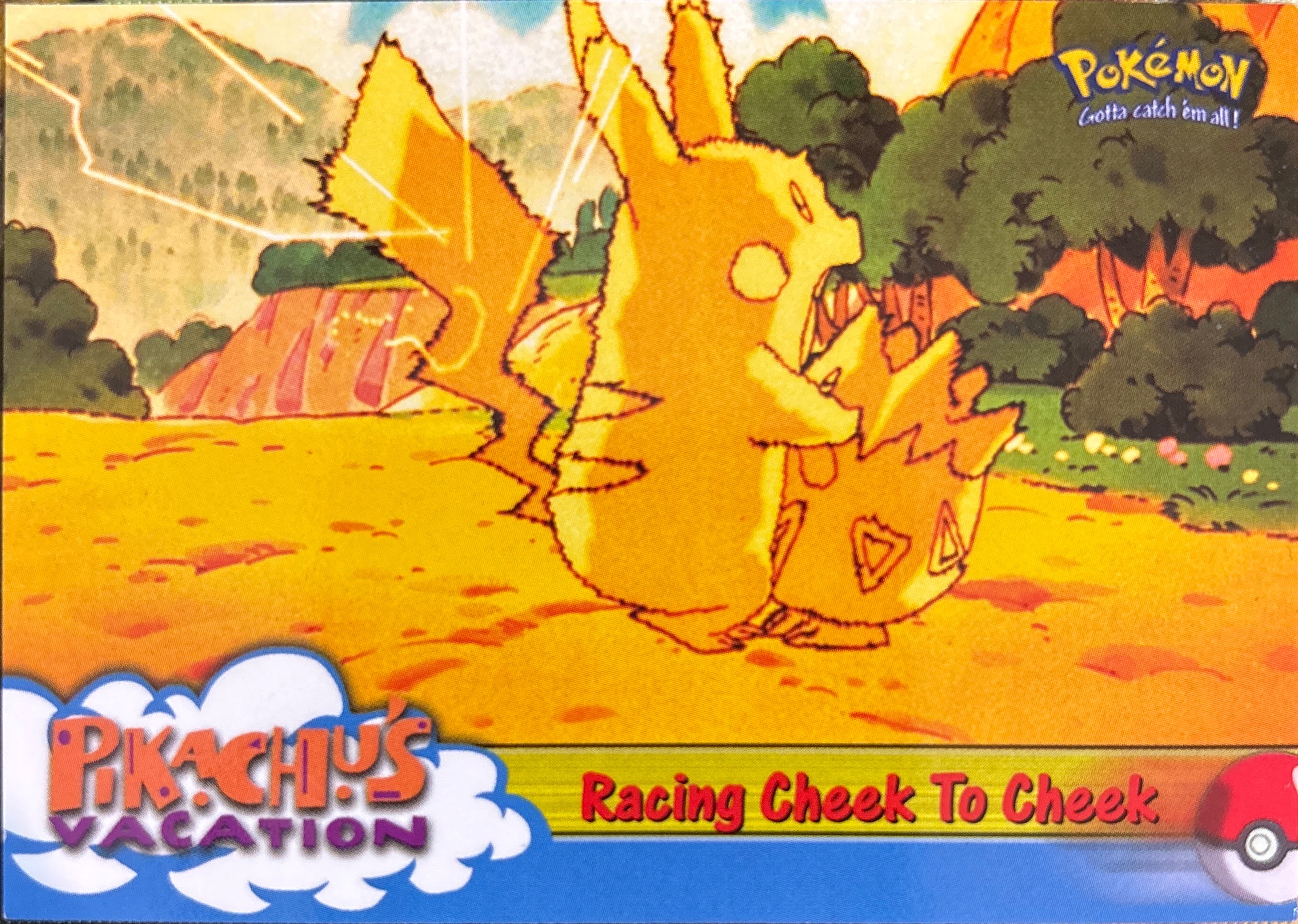 Racing Cheek to Cheek card #48, Pokemon Topps First Movie Trading Cards (1999), front