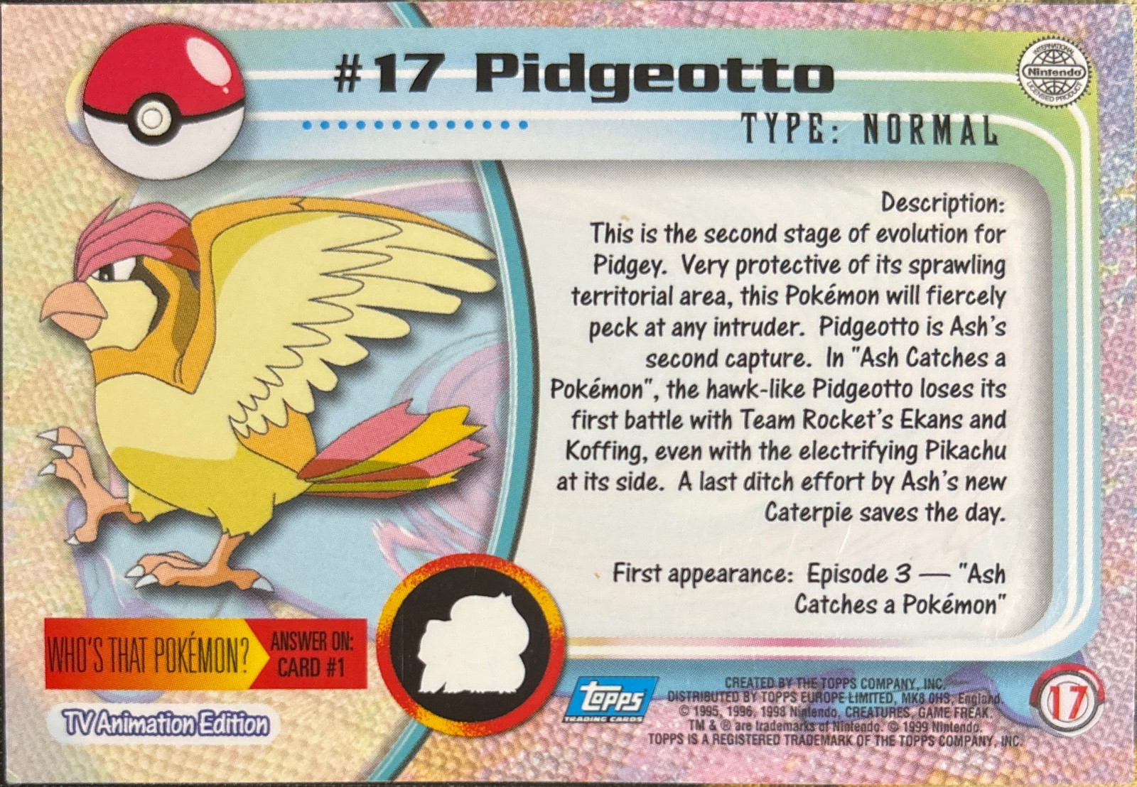 Pidgeotto card #17, Pokemon Topps Series 1 (1999), back