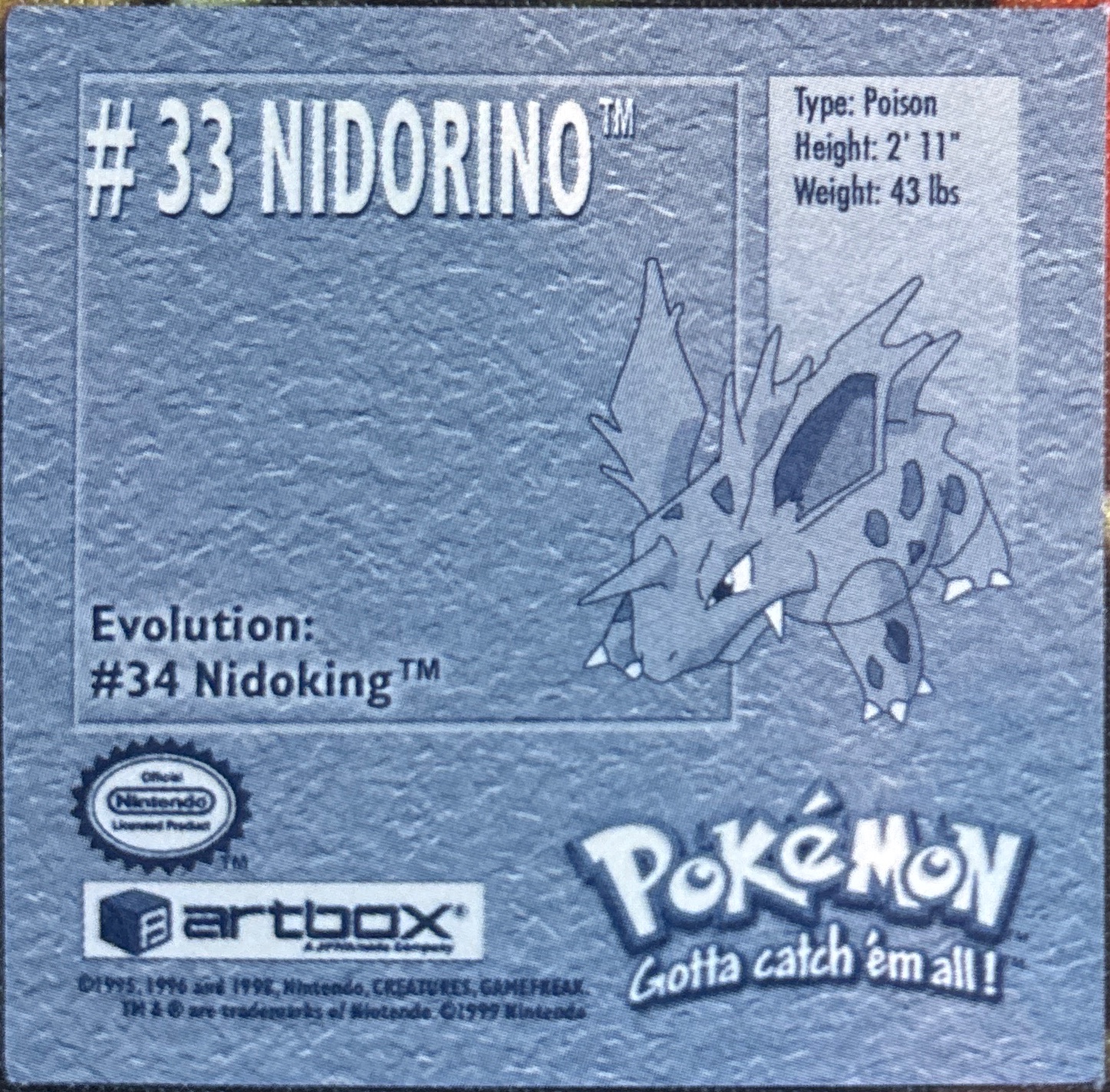 Nidorino sticker #33, Artbox (USA) Pokémon Artbox Stickers (1999), back