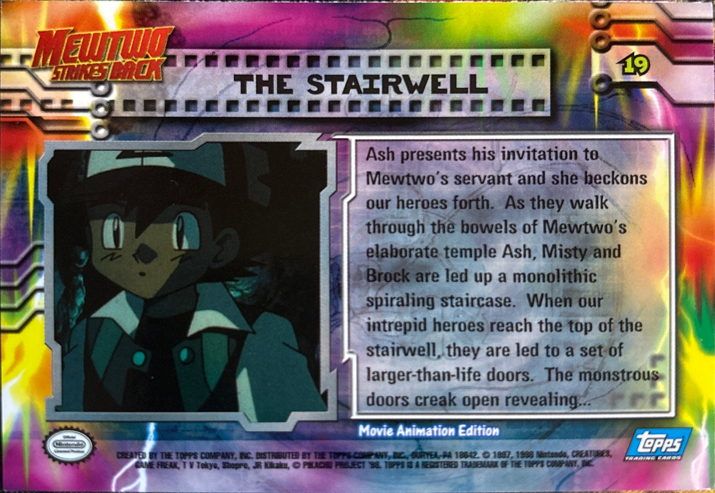 The Stairwell card #19, Pokemon Topps First Movie Trading Cards (1999), back