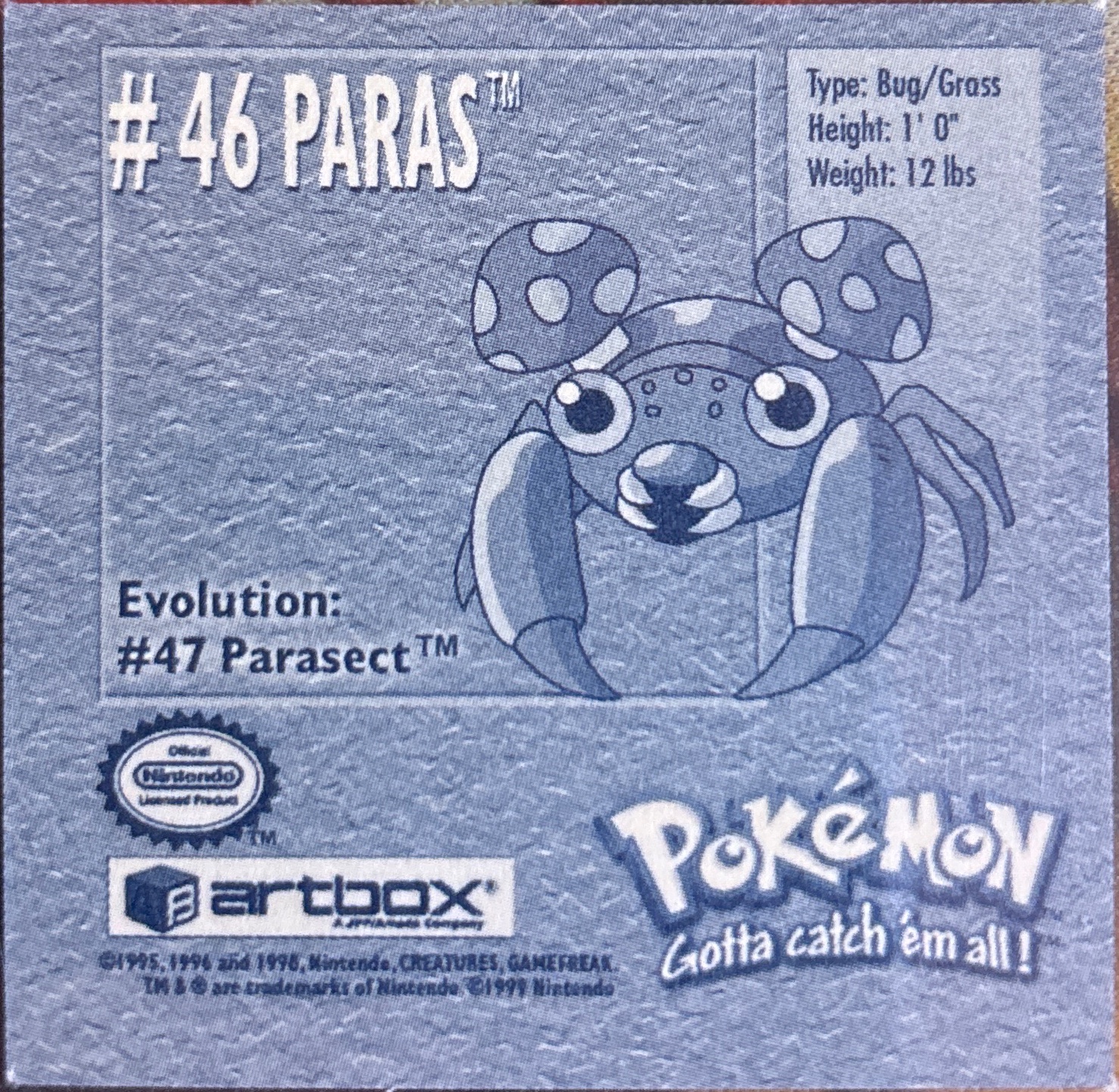 Paras sticker #46, Artbox (USA) Pokémon Artbox Stickers (1999), back