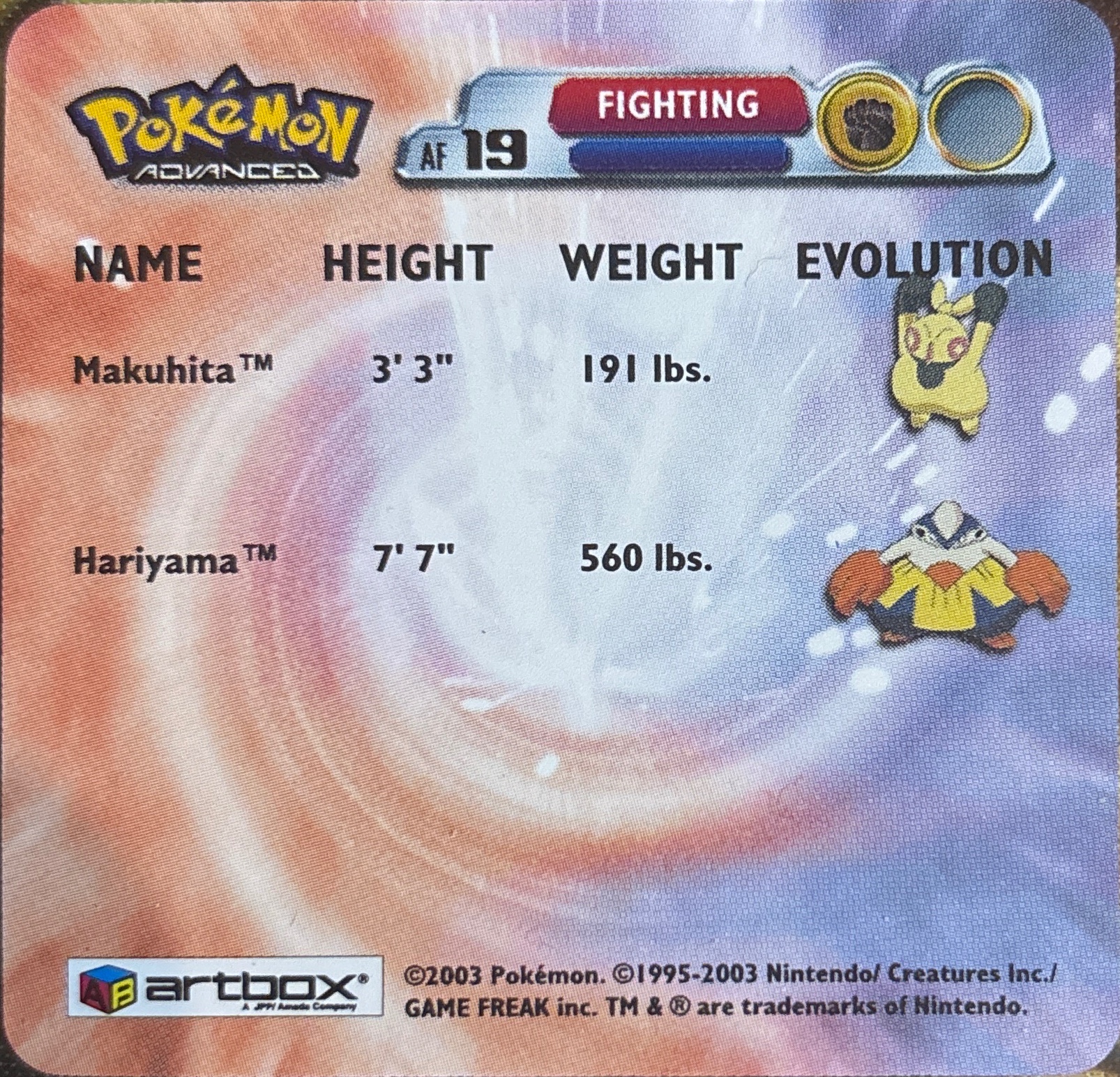 Makuhita collectible #AF19, Artbox (USA) Pokémon Artbox Advanced Flipz, back