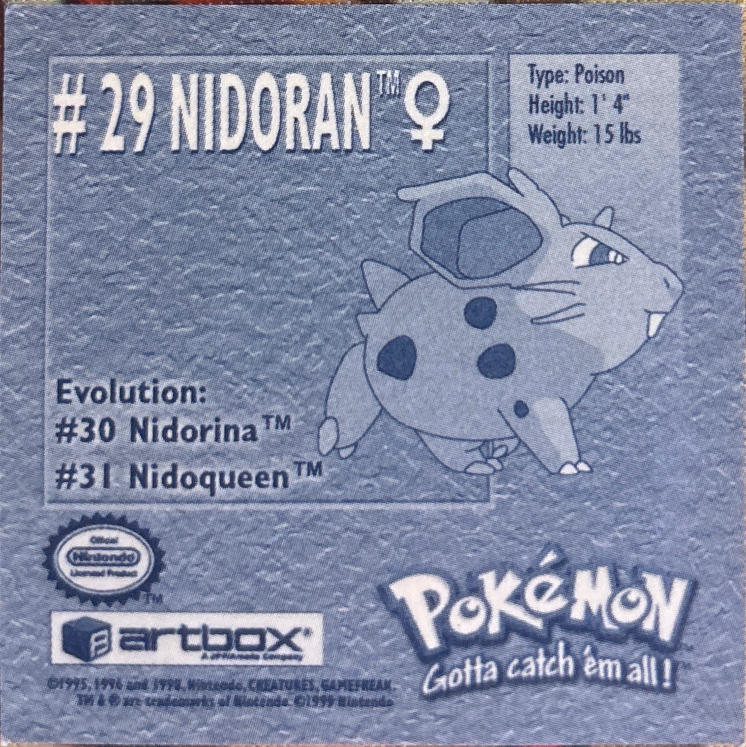 Nidoran♀ sticker #29, Artbox (USA) Pokémon Artbox Stickers (1999), back