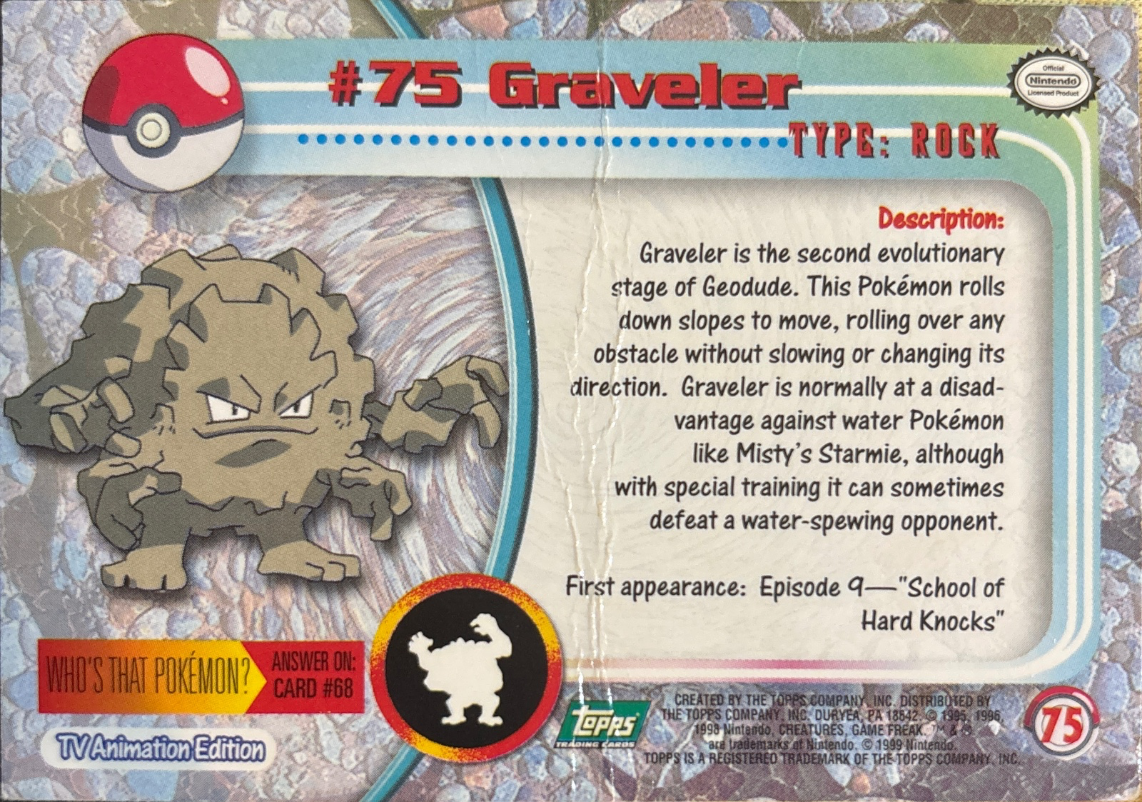 Graveler card #75, Pokemon Topps Series 1 (1999), back