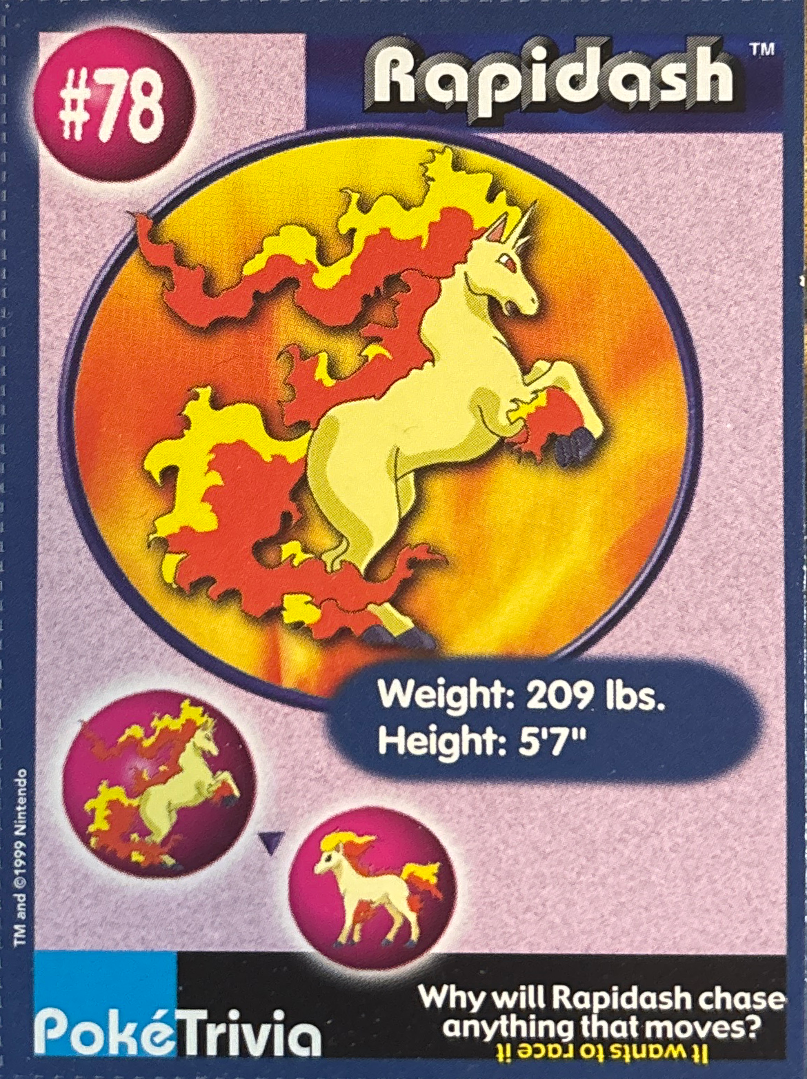 Rapidash card #78, Pokémon Burger King PokéTrivia Cards (1999) Checklist, front