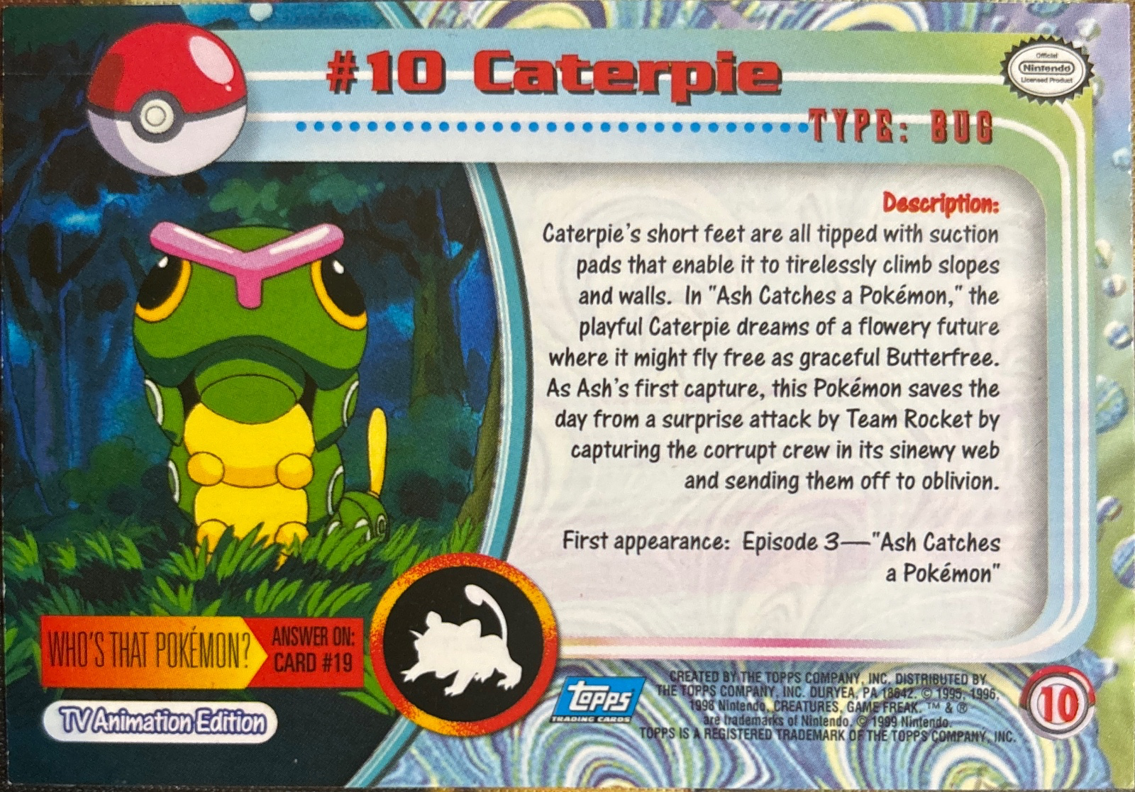Caterpie card #10, Pokemon Topps Series 1 (1999), back