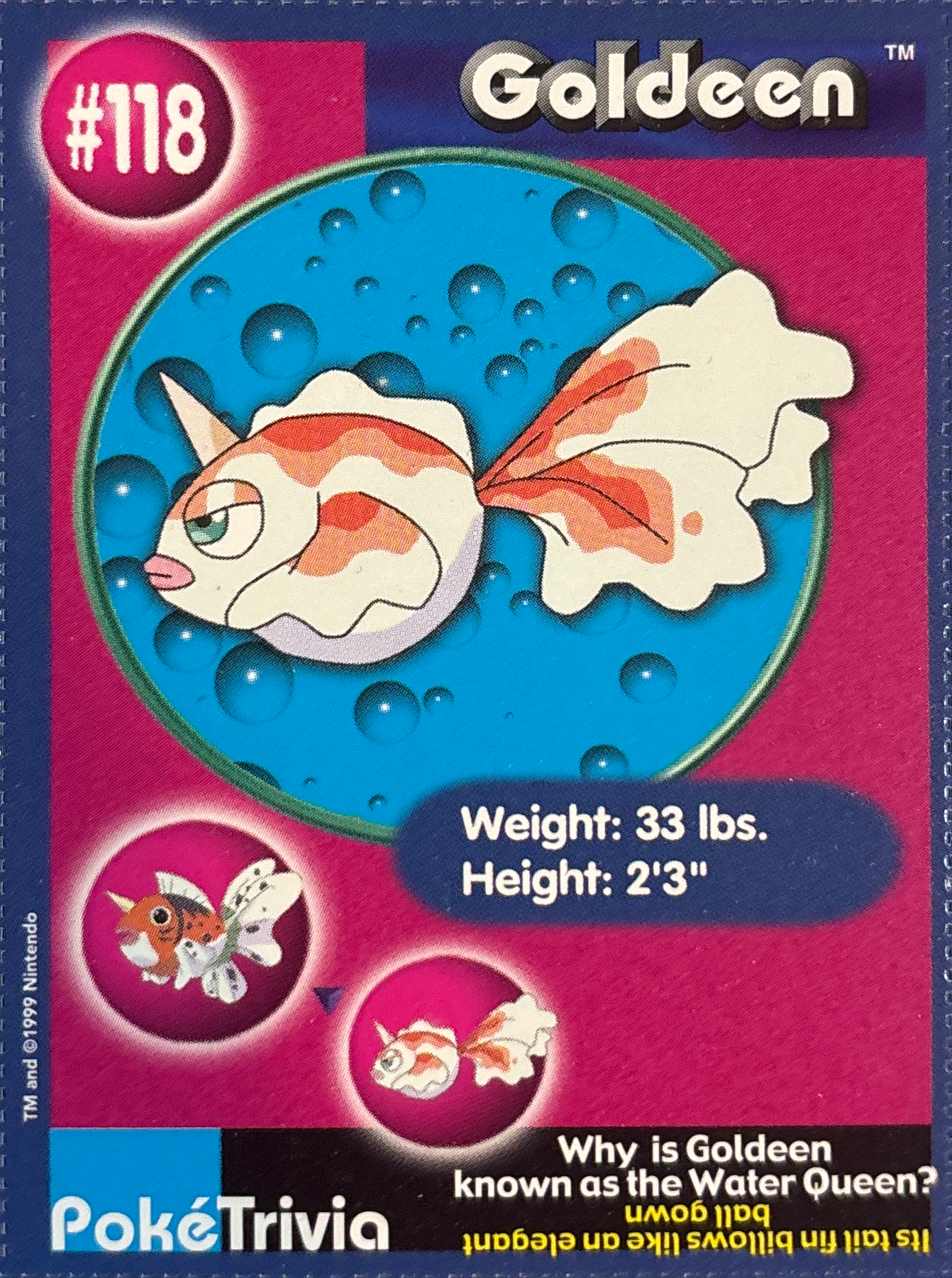 Goldeen card #118, Pokémon Burger King PokéTrivia Cards (1999) Checklist, front