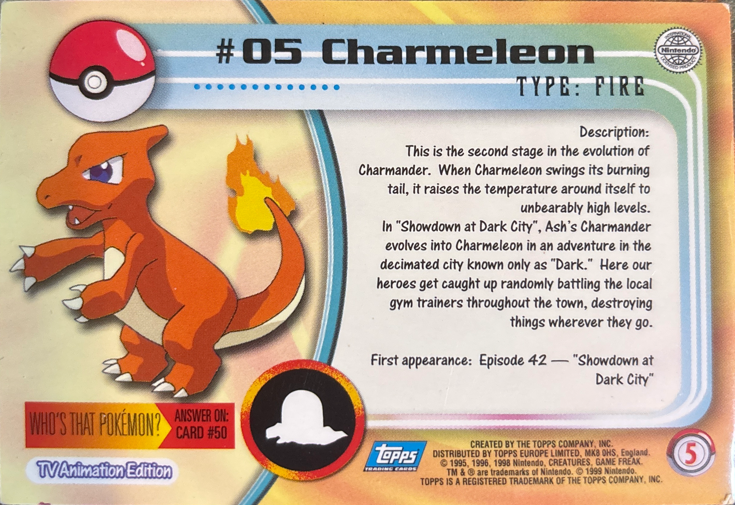 Charmeleon card #5, Pokemon Topps Series 1 (1999), back
