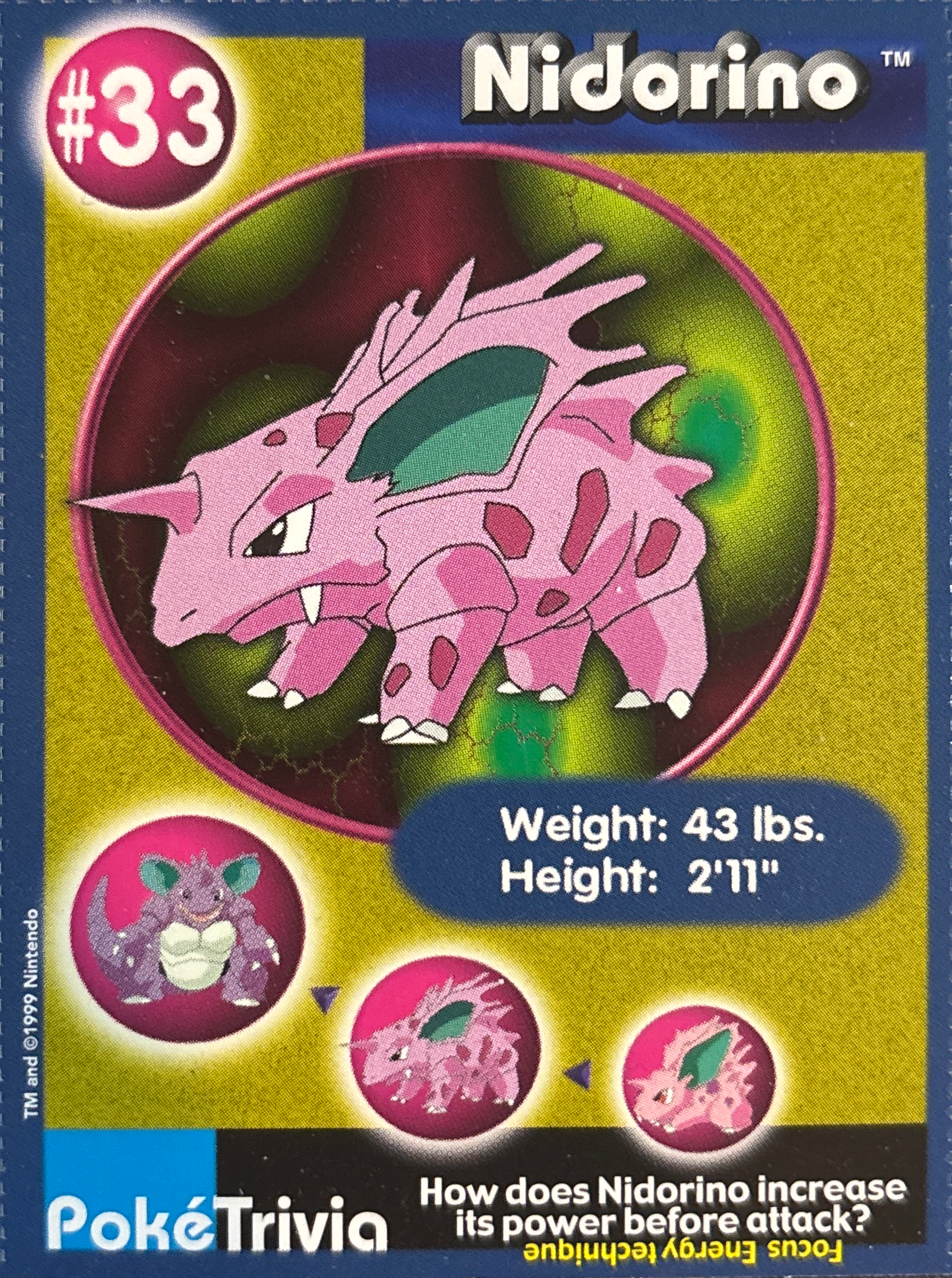 Nidorino card #33, Pokémon Burger King PokéTrivia Cards (1999) Checklist, front