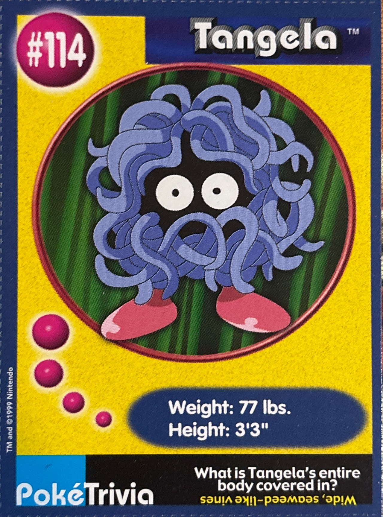 Tangela card #114, Pokémon Burger King PokéTrivia Cards (1999) Checklist, front
