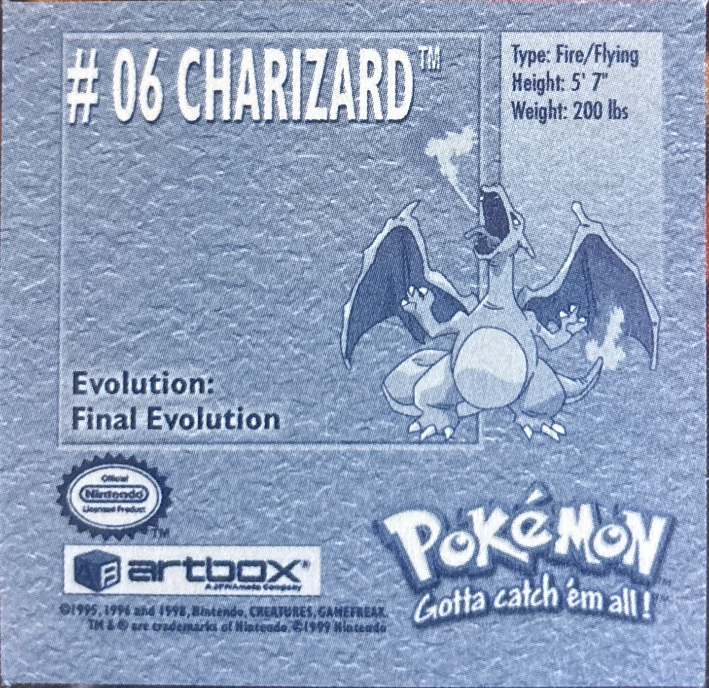 Charizard sticker #6, Artbox (USA) Pokémon Artbox Stickers (1999), back