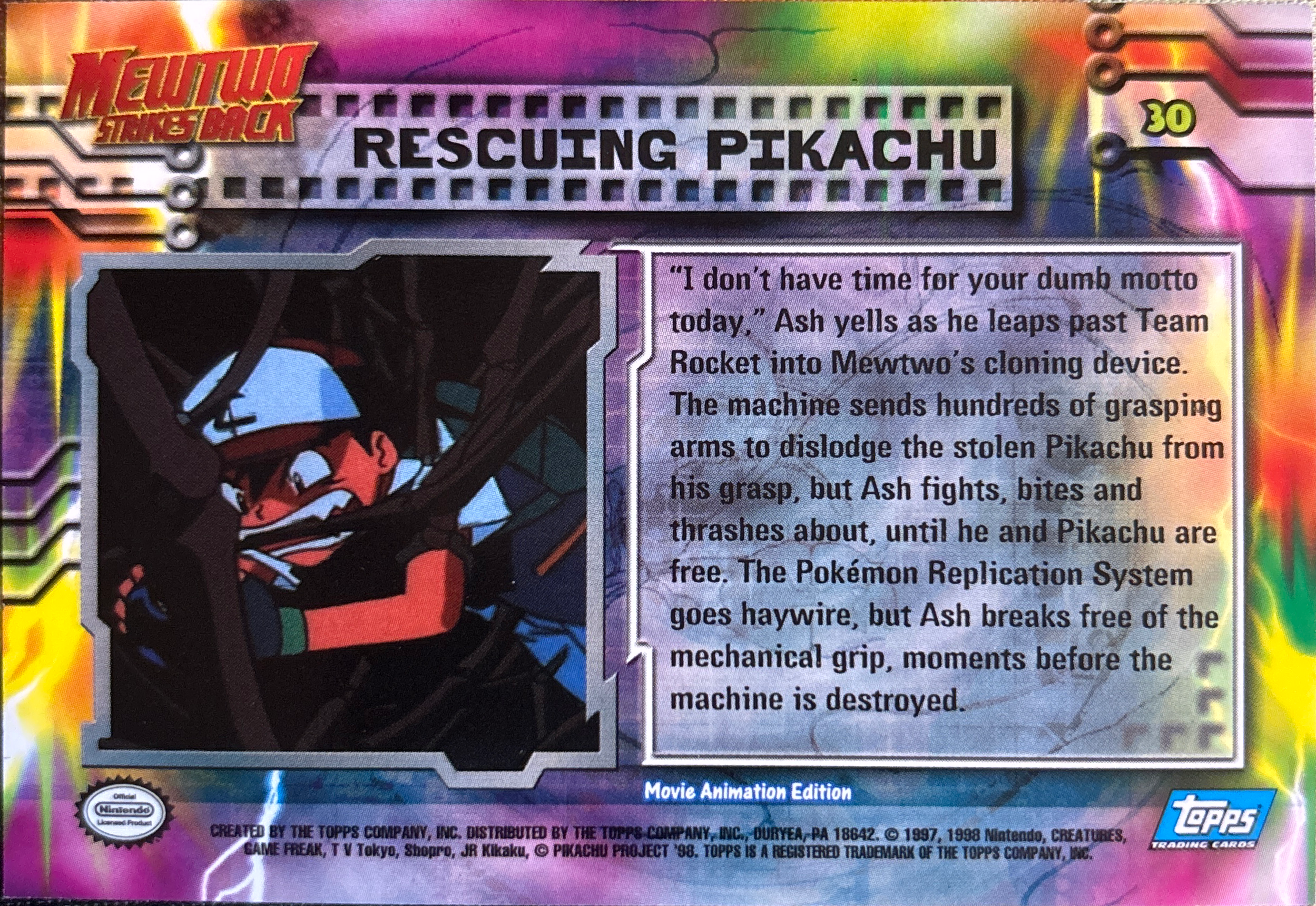 Rescuing Pikachu card #30, Pokemon Topps First Movie Trading Cards (1999), back