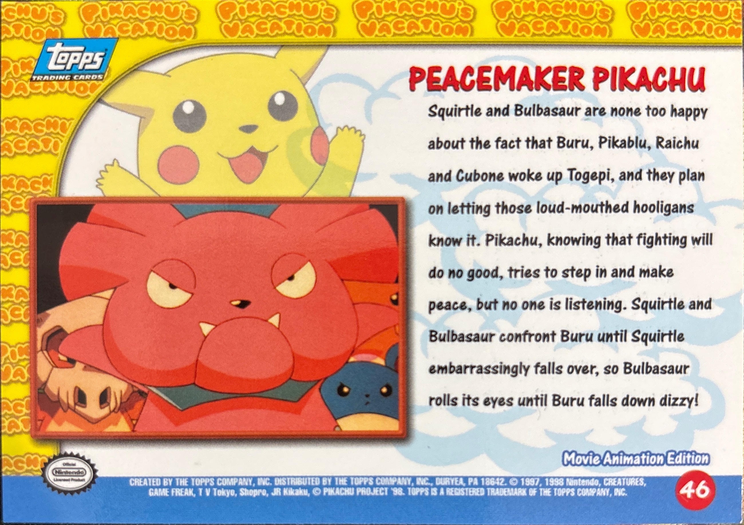 Peacemaker Pikachu card #46, Pokemon Topps First Movie Trading Cards (1999), back