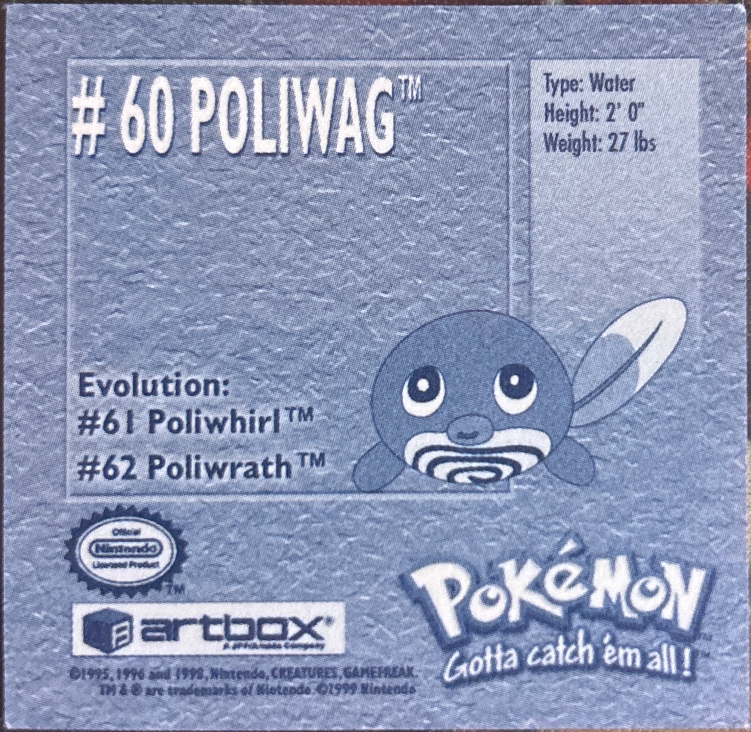 Poliwag sticker #60, Artbox (USA) Pokémon Artbox Stickers (1999), back