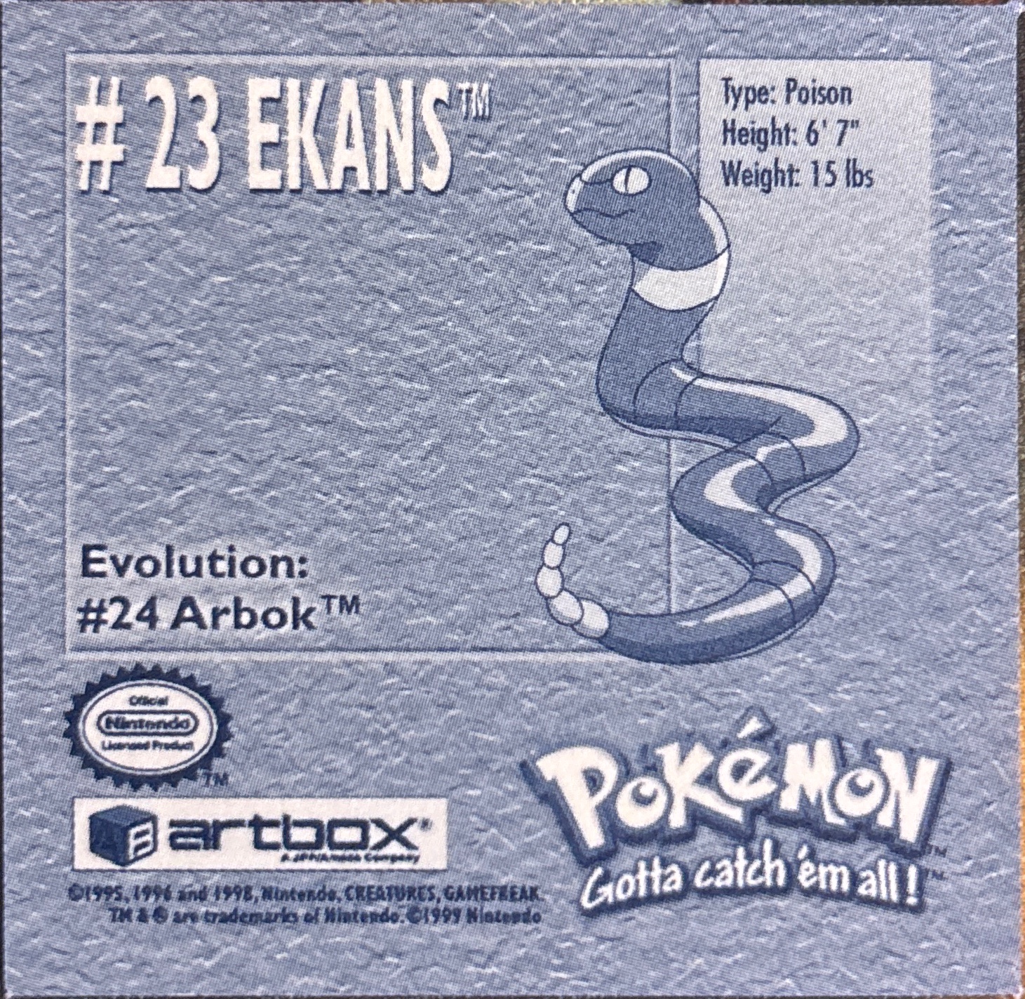 Ekans sticker #23, Artbox (USA) Pokémon Artbox Stickers (1999), back
