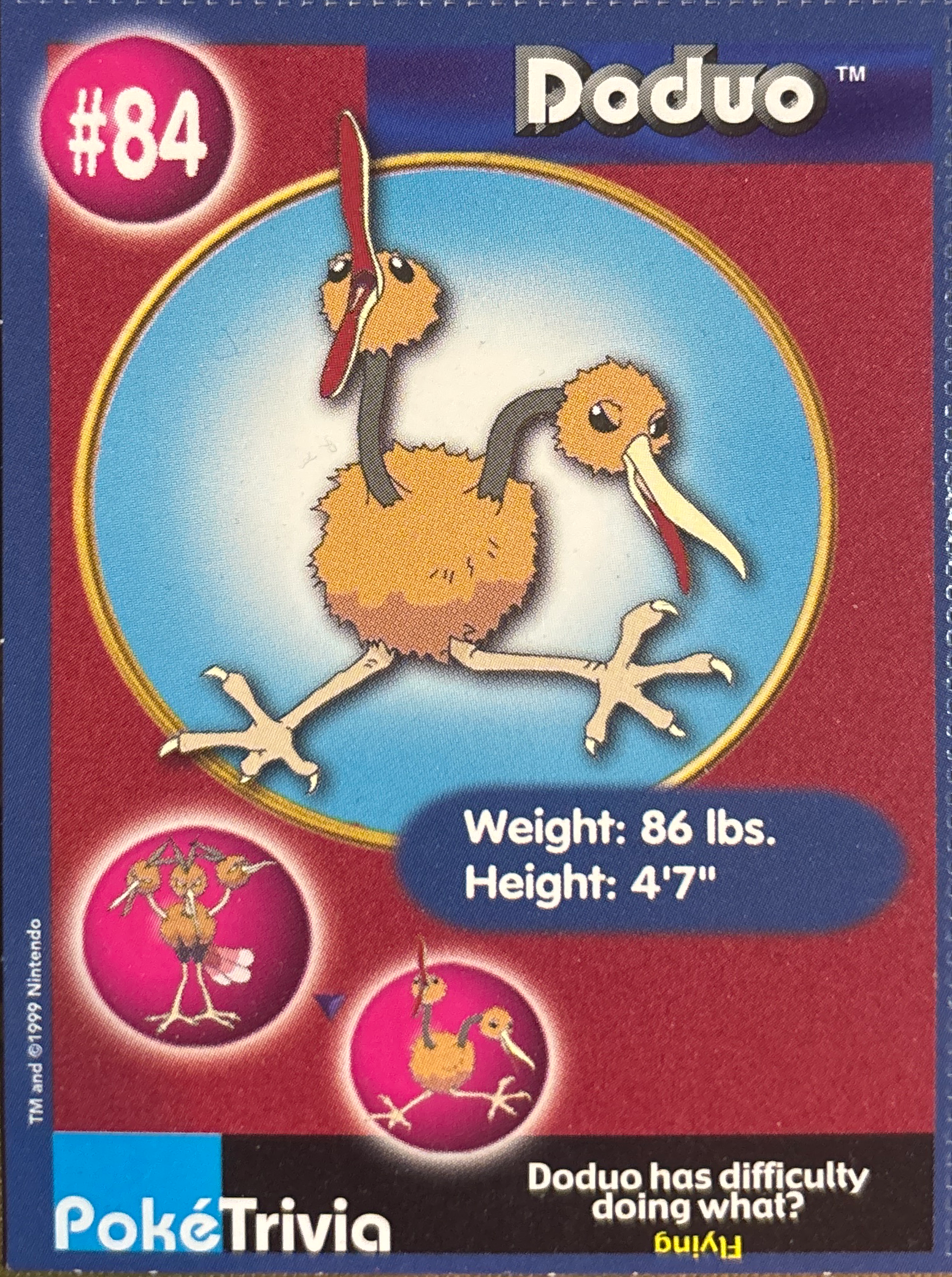 Doduo card #84, Pokémon Burger King PokéTrivia Cards (1999) Checklist, front