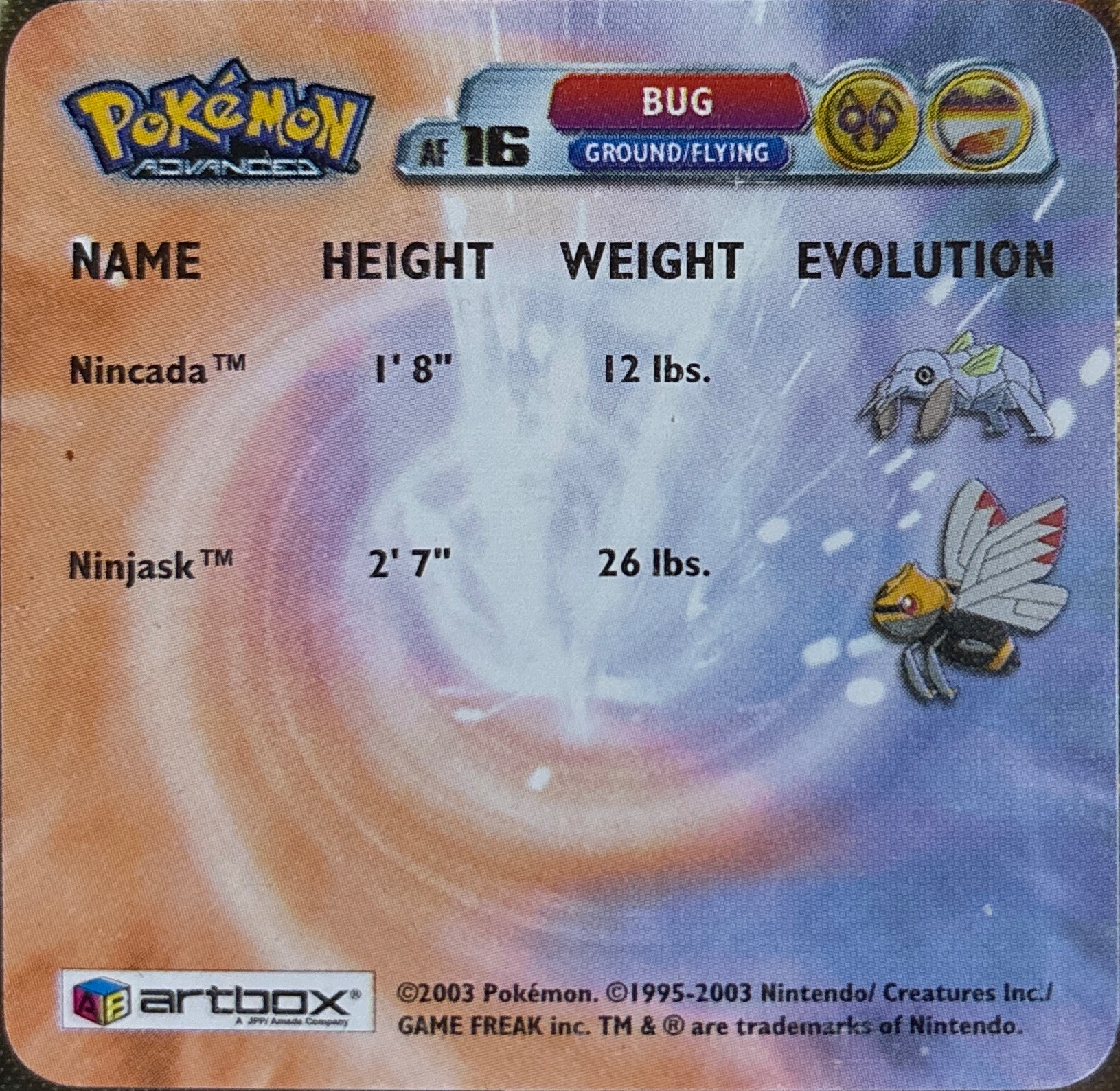 Nincada collectible #AF16, Artbox (USA) Pokémon Artbox Advanced Flipz, back