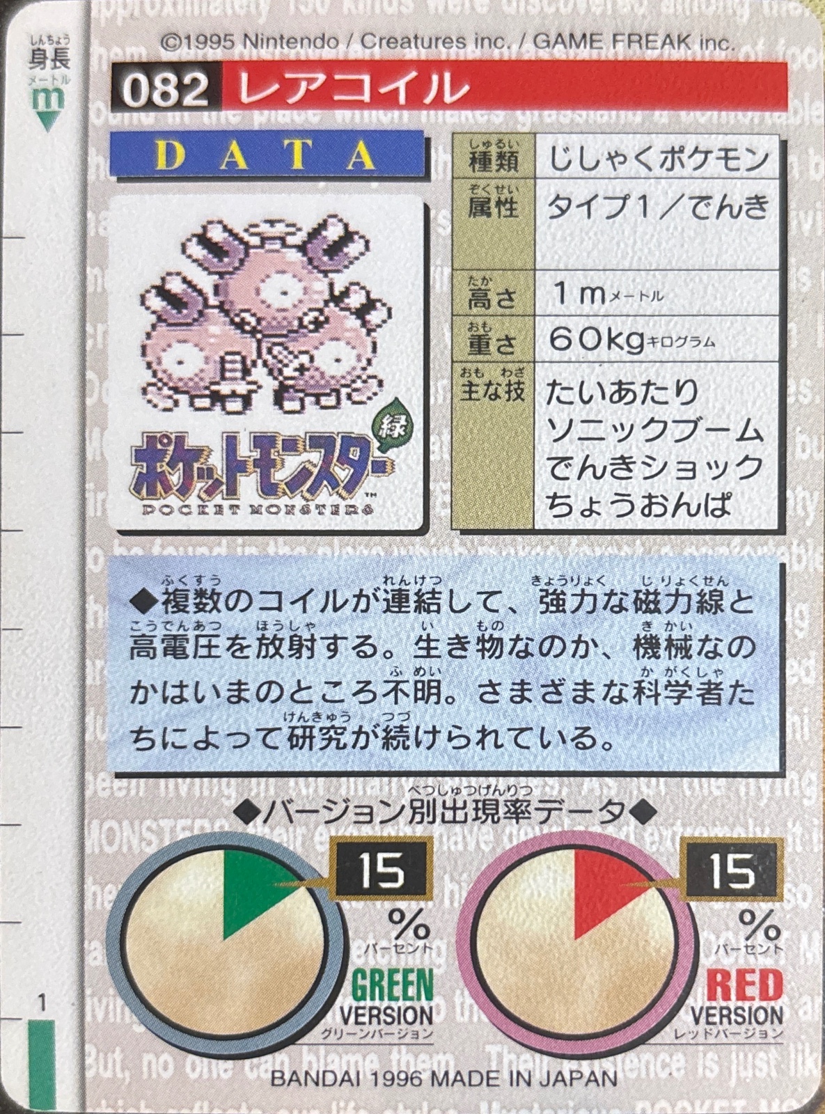 Magneton card #82, Bandai Pokémon Carddass Part 2 (1996), back