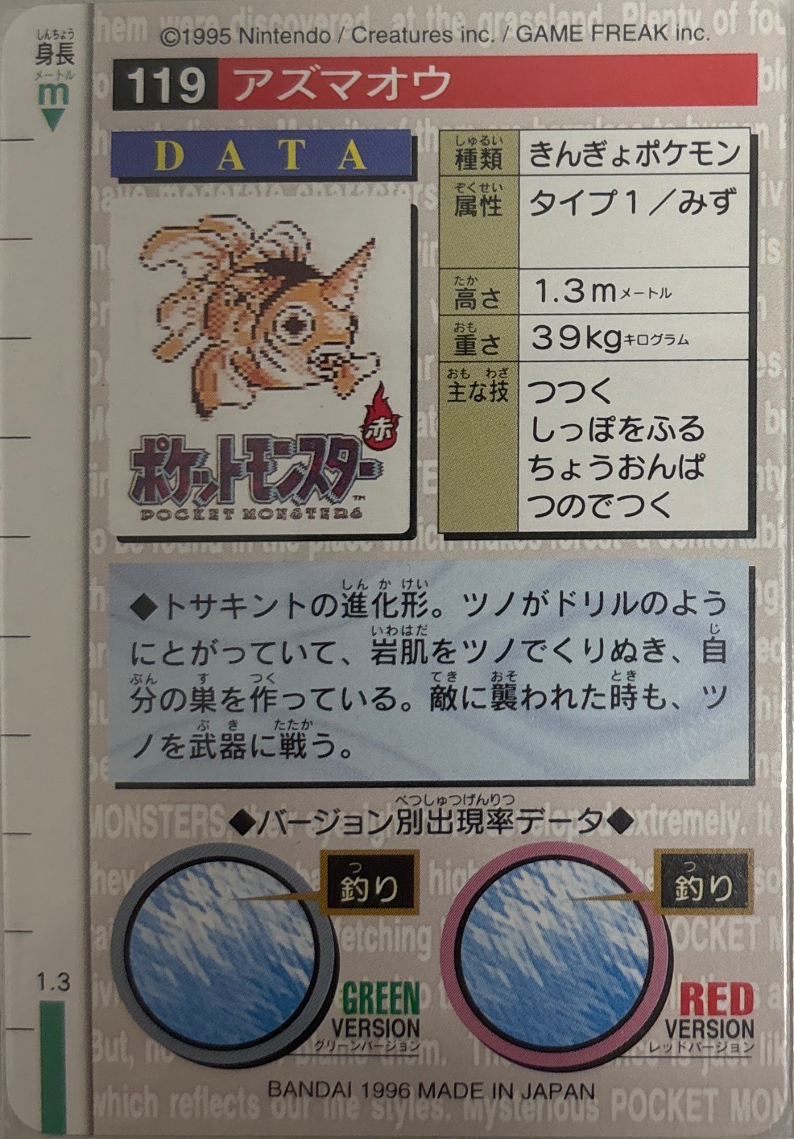 Seaking card #119, Bandai Pokémon Carddass Part 2 (1996), back