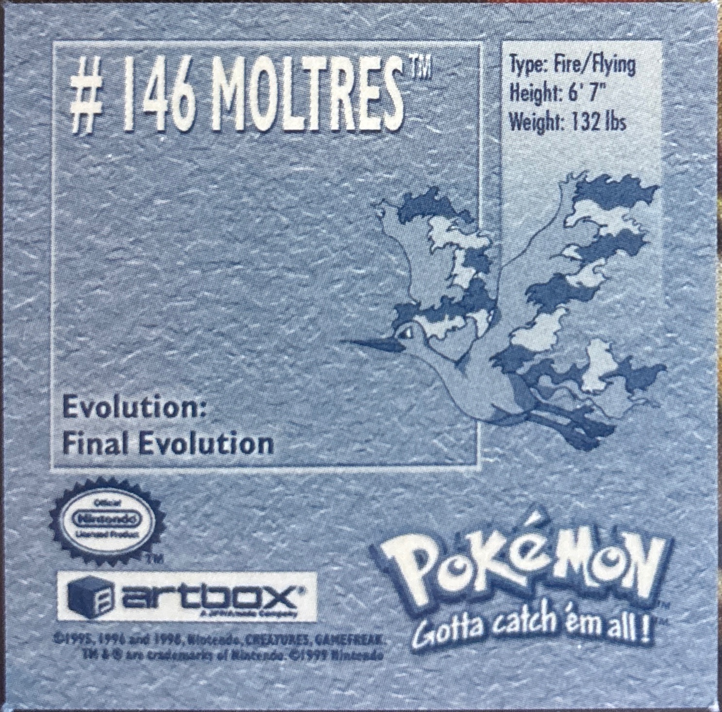 Moltres sticker #146, Artbox (USA) Pokémon Artbox Stickers (1999), back