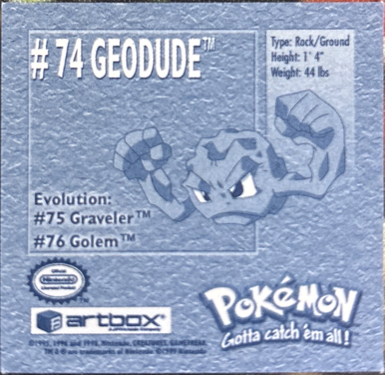 Geodude sticker #74, Artbox (USA) Pokémon Artbox Stickers (1999), back