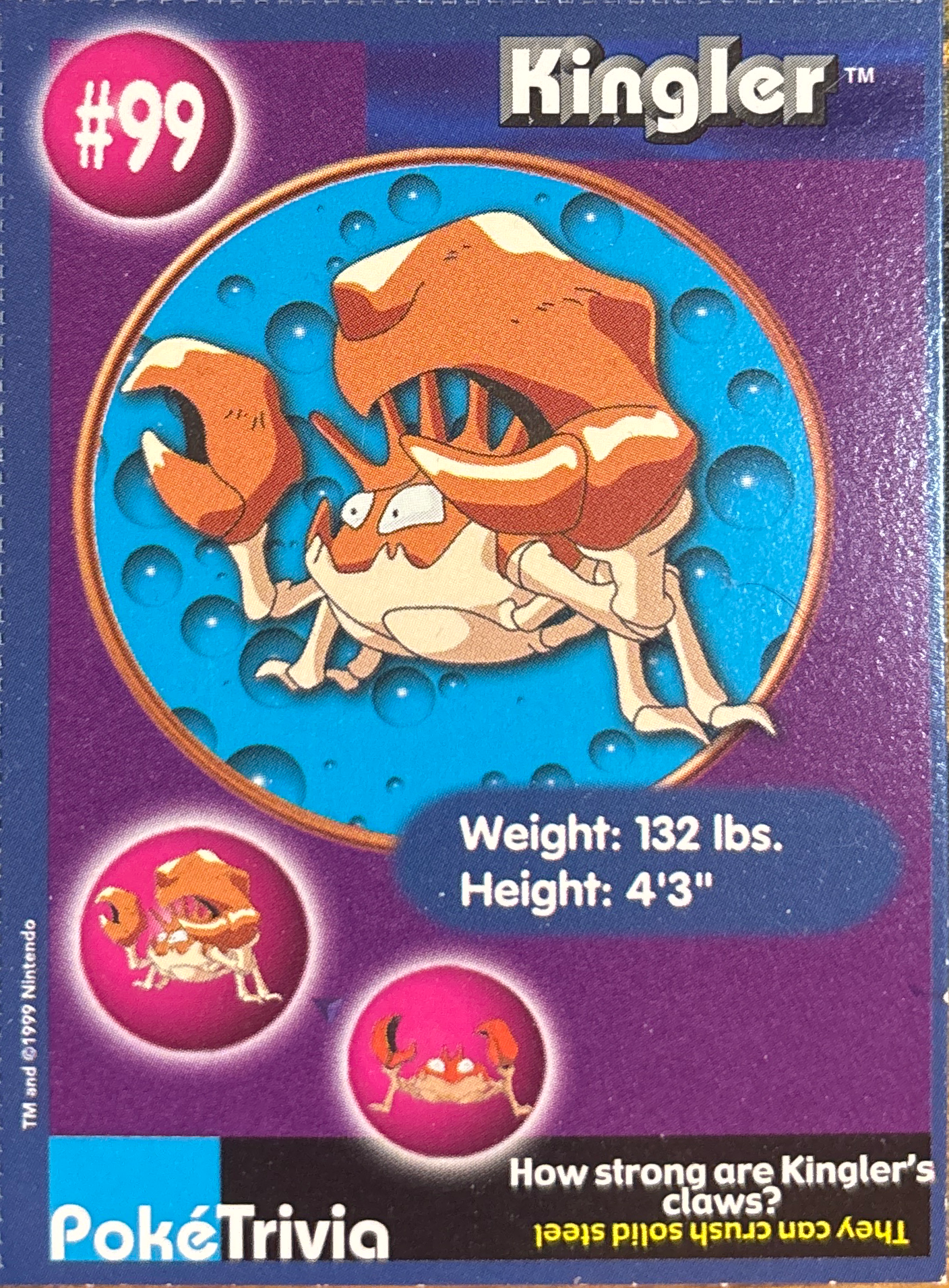 Kingler card #99, Pokémon Burger King PokéTrivia Cards (1999) Checklist, front