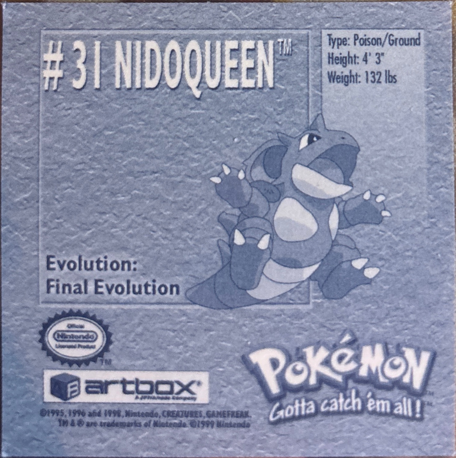 Nidoqueen sticker #31, Artbox (USA) Pokémon Artbox Stickers (1999), back