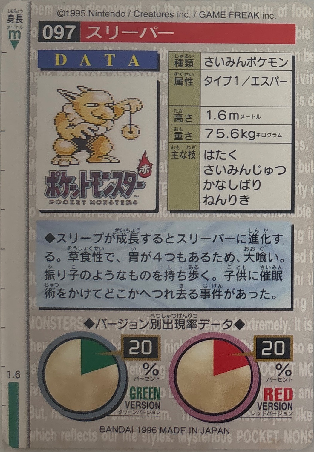 Hypno card #97, Bandai Pokémon Carddass Part 1 (1996), back