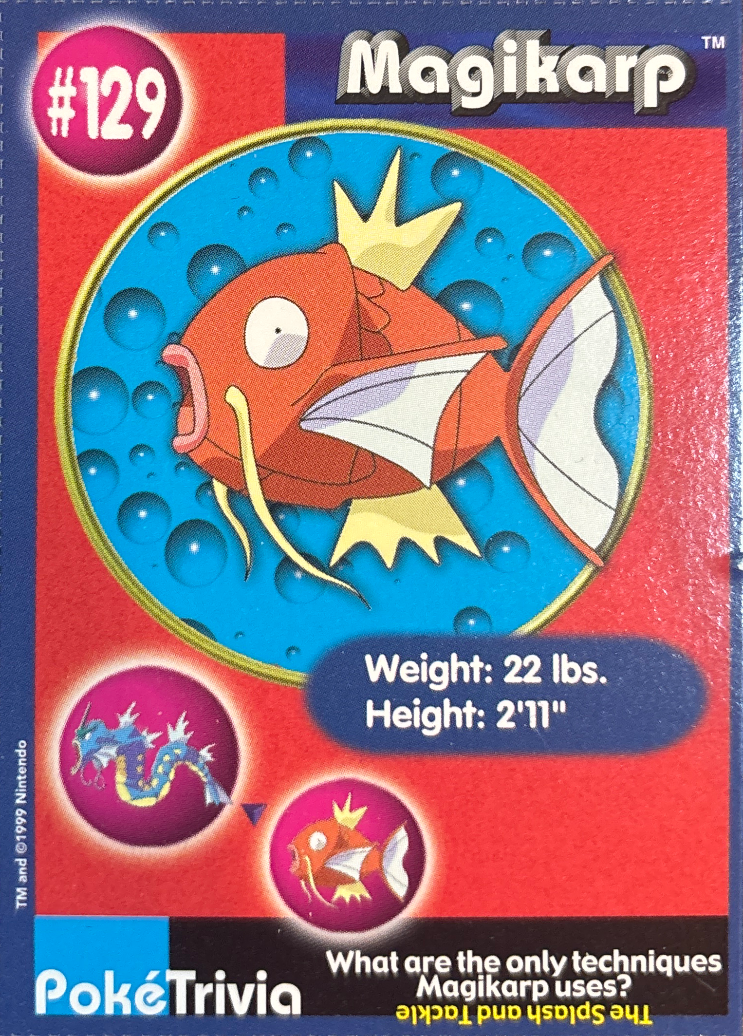 Magikarp card #129, Pokémon Burger King PokéTrivia Cards (1999) Checklist, front