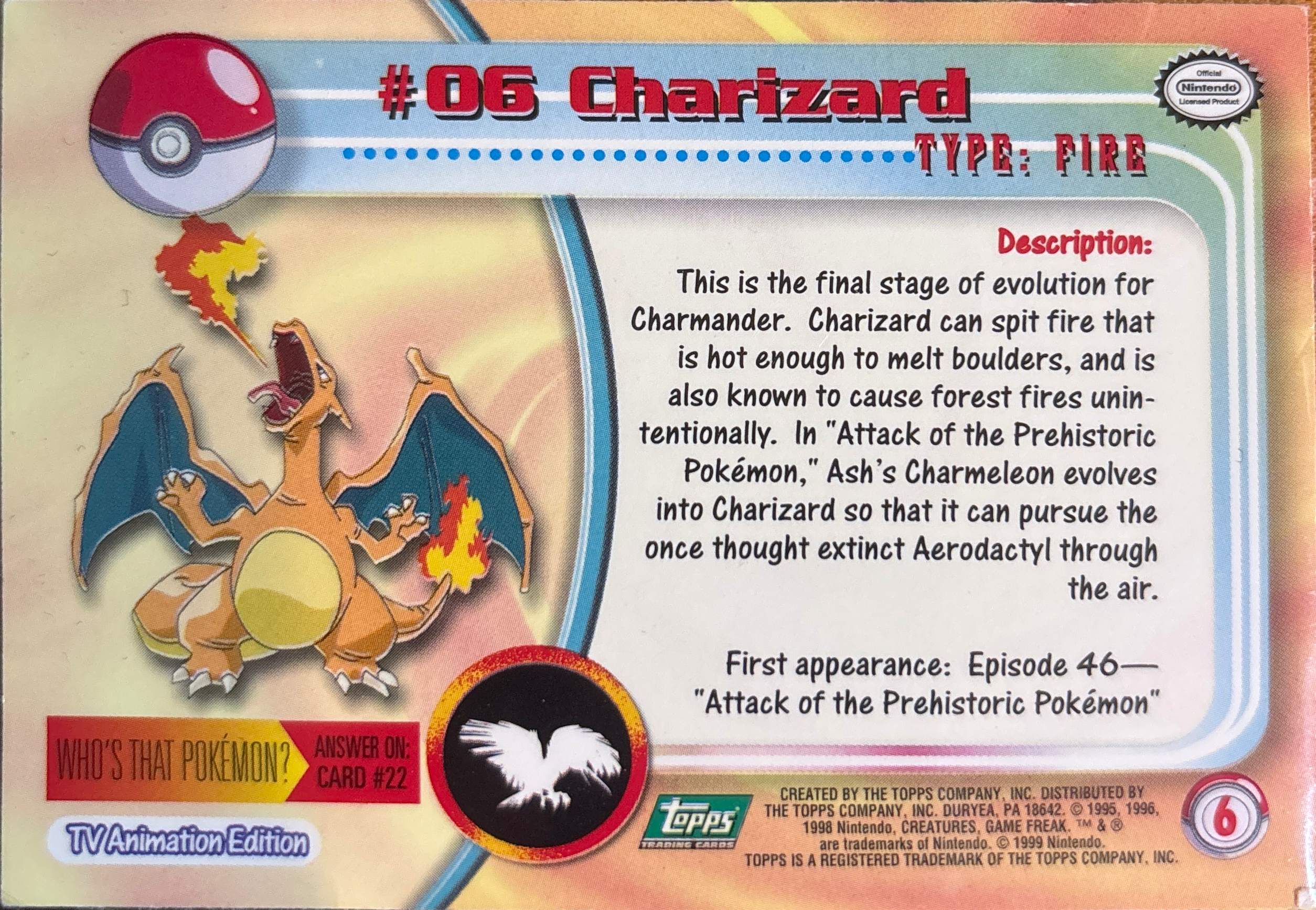 Charizard card #6, Pokemon Topps Series 1 (1999), back