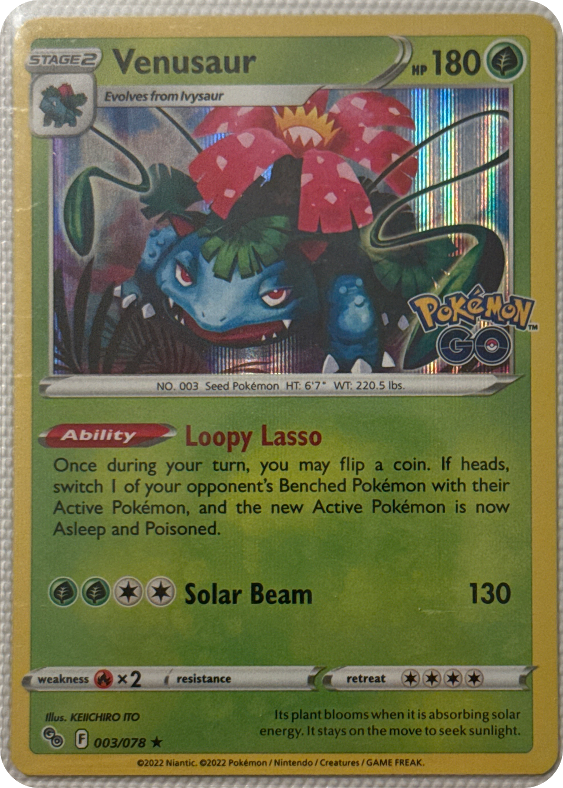 Venusaur trading card #3, Pokémon GO (2022), front