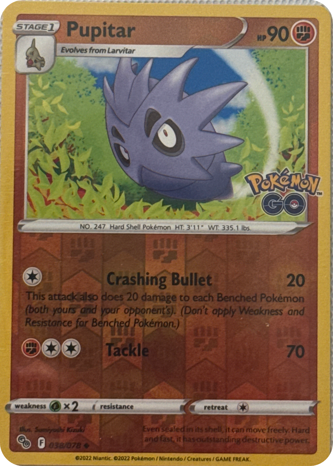 Pupitar trading card #38, Pokémon GO (2022), front