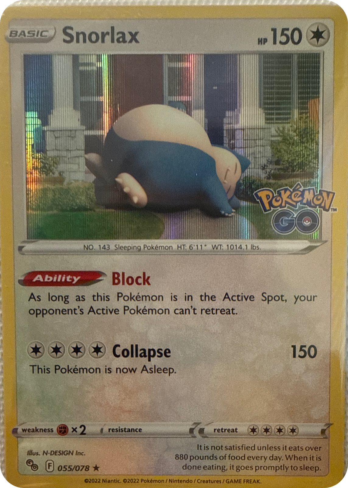 Snorlax trading card #55, Pokémon GO (2022), front