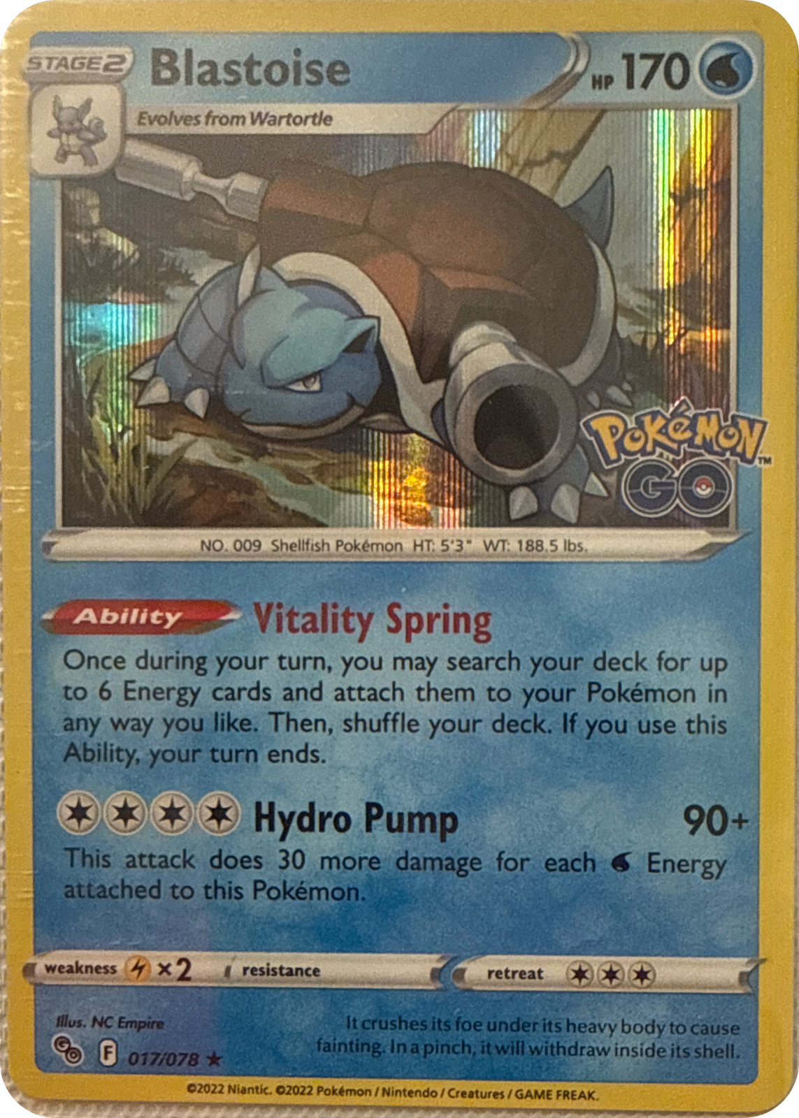 Blastoise trading card #17, Pokémon GO (2022), front