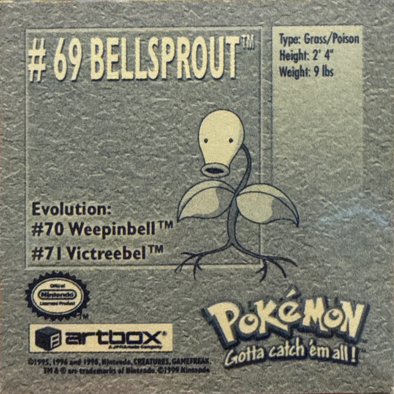 Bellsprout sticker #69, Artbox (USA) Pokémon Artbox Stickers (1999), back