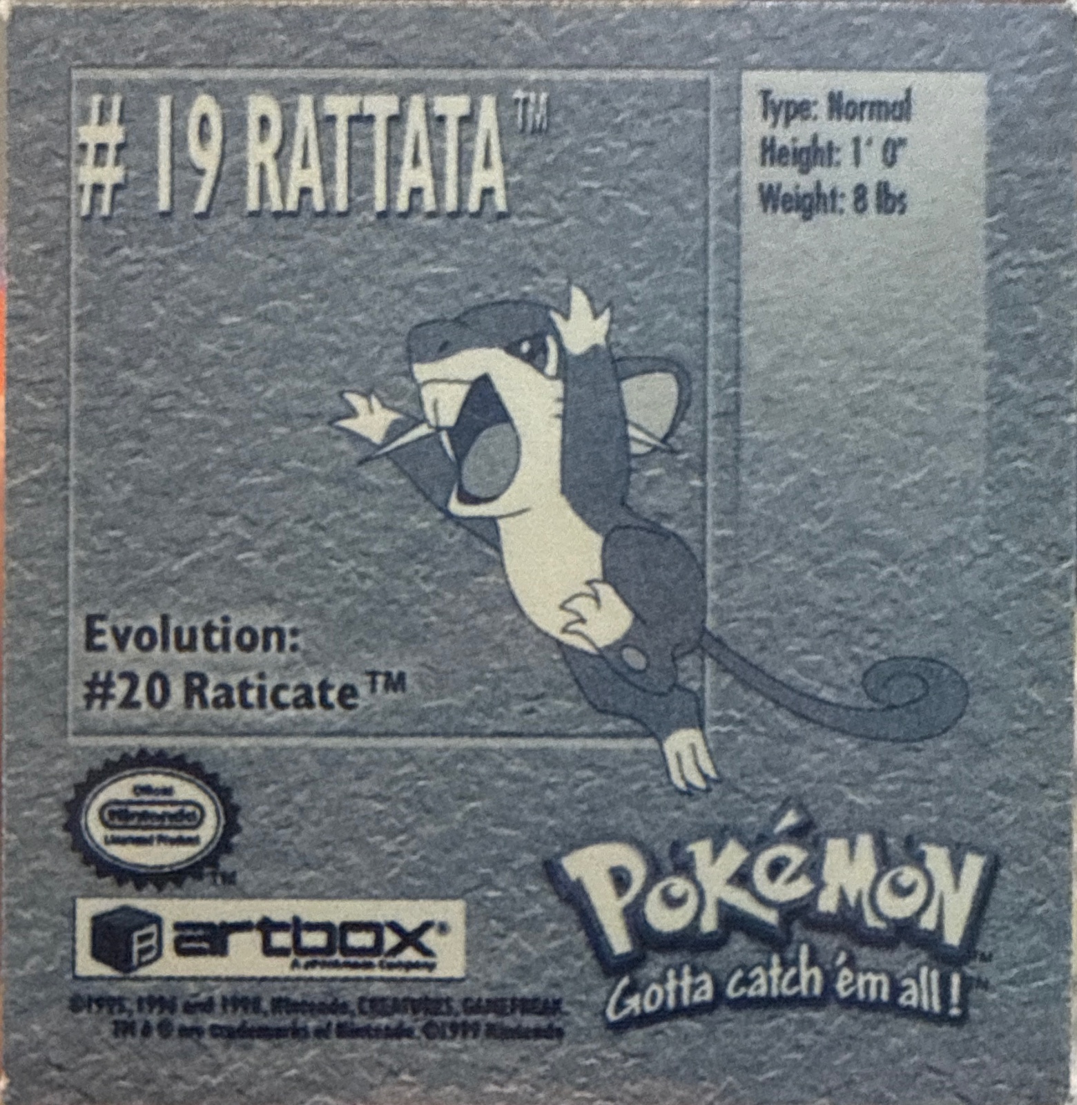 Rattata sticker #19, Artbox (USA) Pokémon Artbox Stickers (1999), back