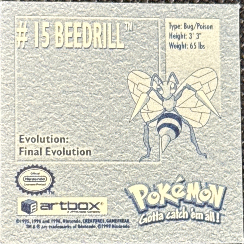 Beedrill sticker #15, Artbox (USA) Pokémon Artbox Stickers (1999), back