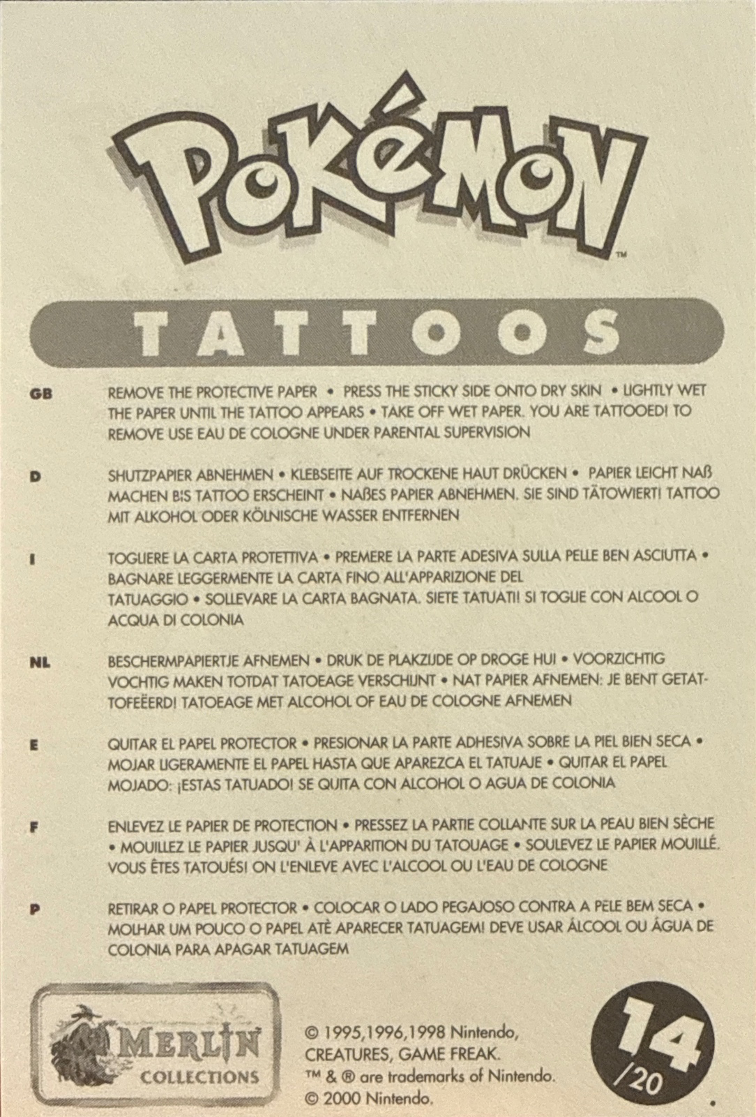Dodrio / Eevee / Magneton collectible #14, Pokémon Merlin Tattoos (2000), back
