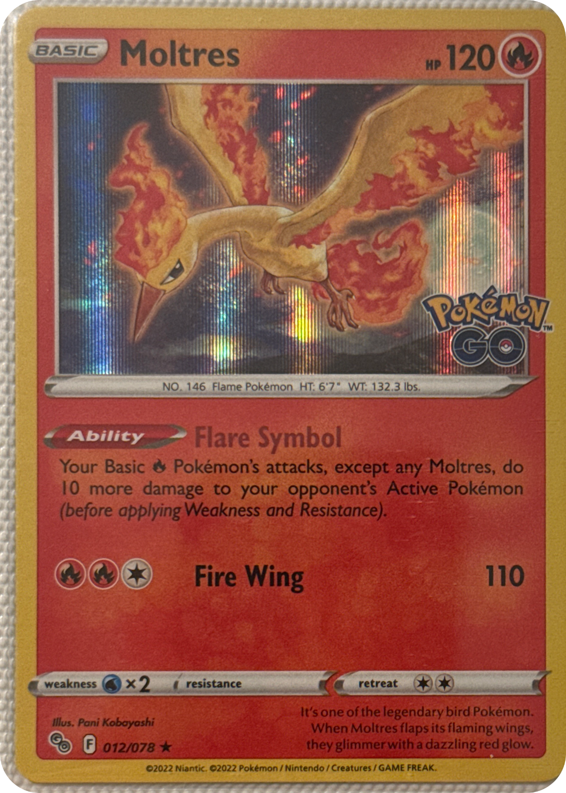 Moltres trading card #12, Pokémon GO (2022), front