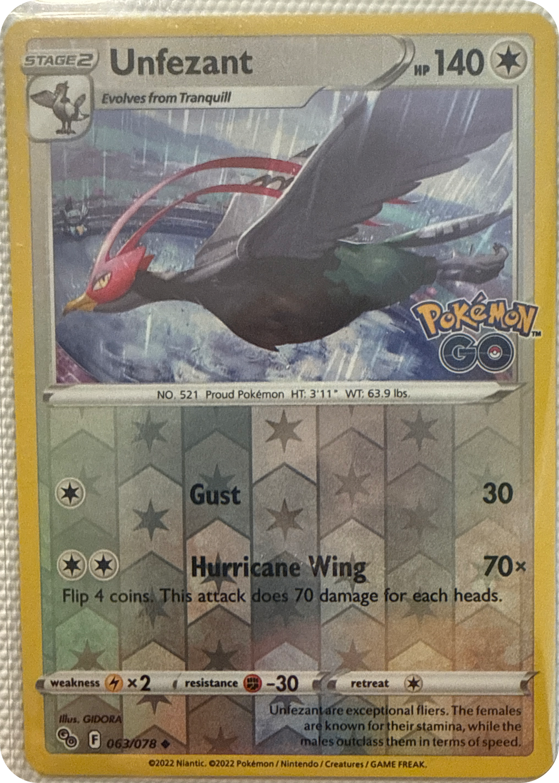 Unfezant trading card #63, Pokémon GO (2022), front