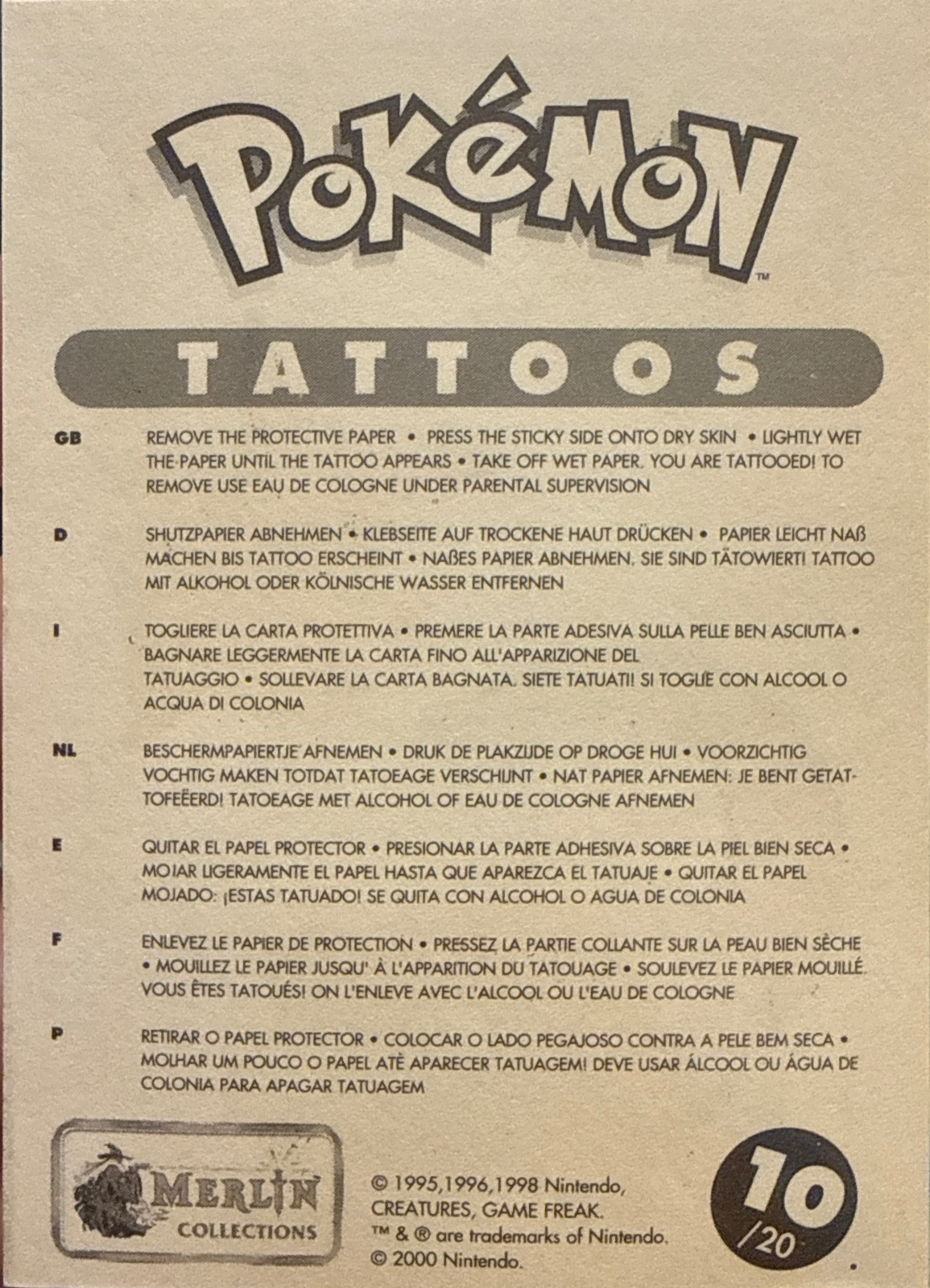 Eevee / Pikachu / Slowpoke collectible #10, Pokémon Merlin Tattoos (2000), back