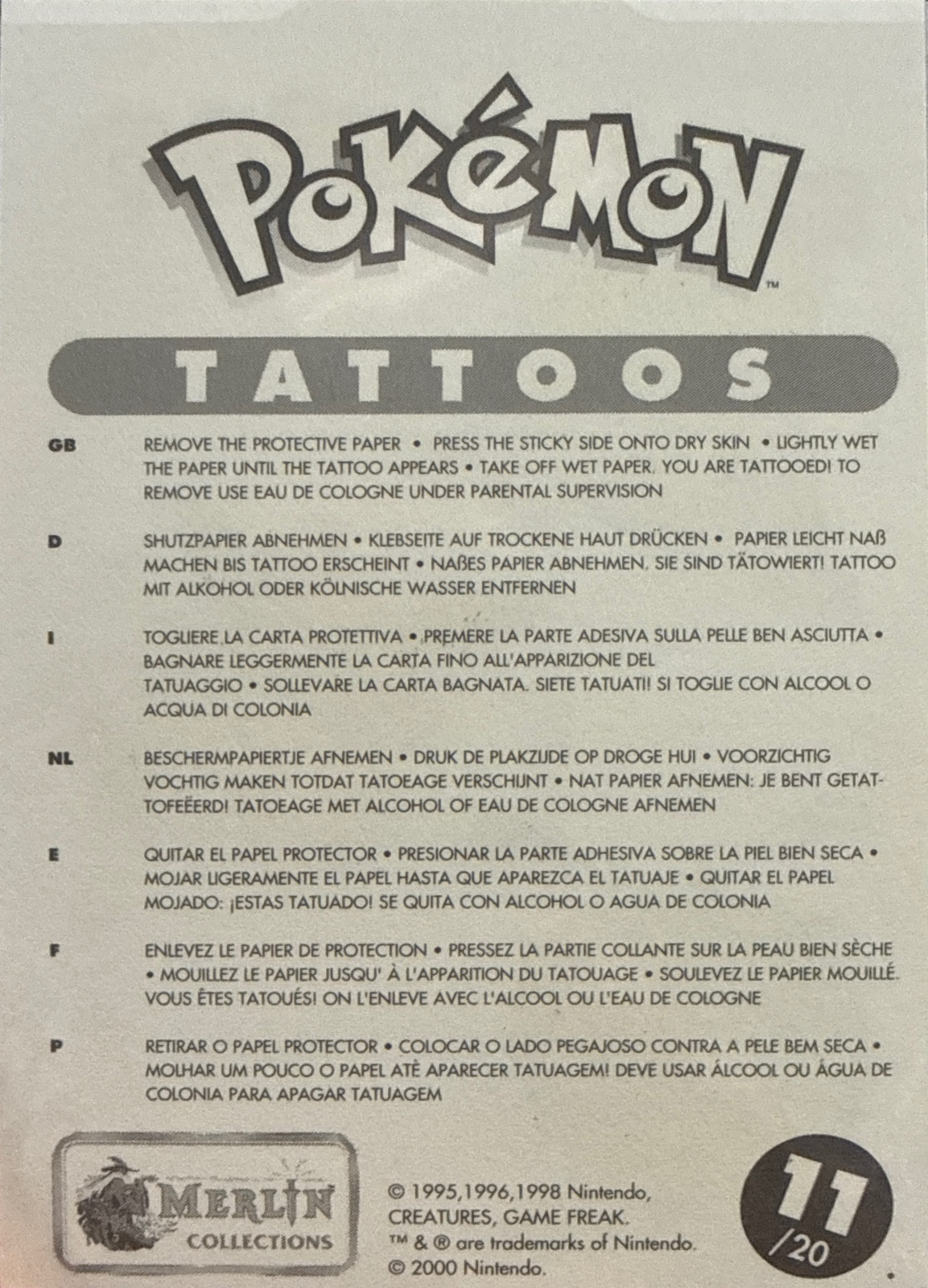 Grimer / Venonat / Wigglytuff collectible #11, Pokémon Merlin Tattoos (2000), back
